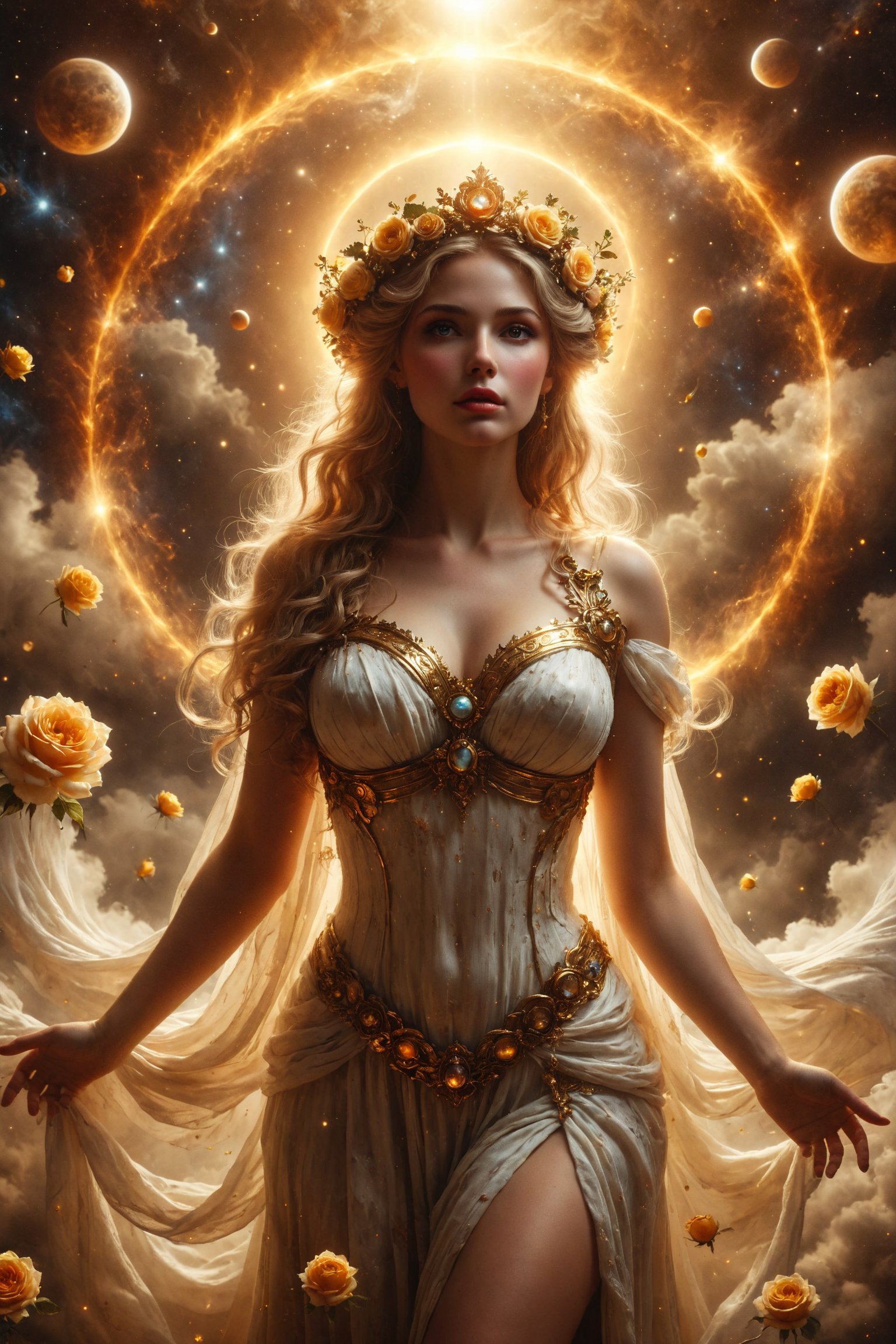 Queen of venus Aphrodite full body with his planet in the background, is a goddess of radiant beauty, surrounded by a golden halo. Her presence is intense and bright, symbolizing Venus' thick and hot atmosphere, Beautiful and radiant, with glowing skin and a golden aura. He carries with him a crown of roses and wears a dress that appears to be made of glowing clouds. His presence radiates love and warmth.