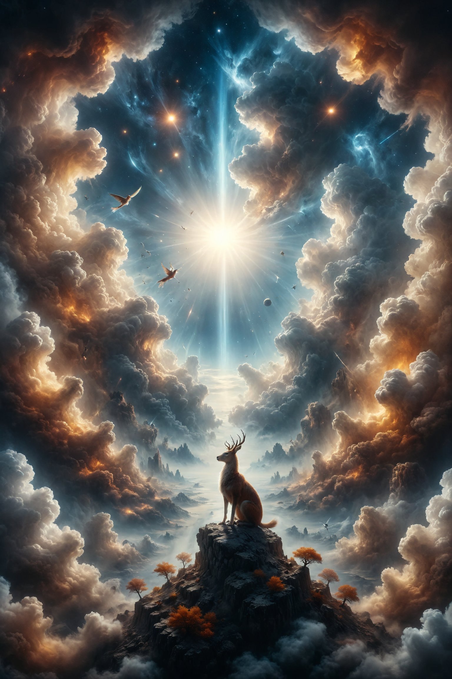 genera una hermosa escena de fantacia, dentro del espacio del cielo, rodeado de nubes etereas, Un fénix resplandeciente que renace de las llamas en el cielo, simbolizando la renovación y el ciclo eterno de la vida.