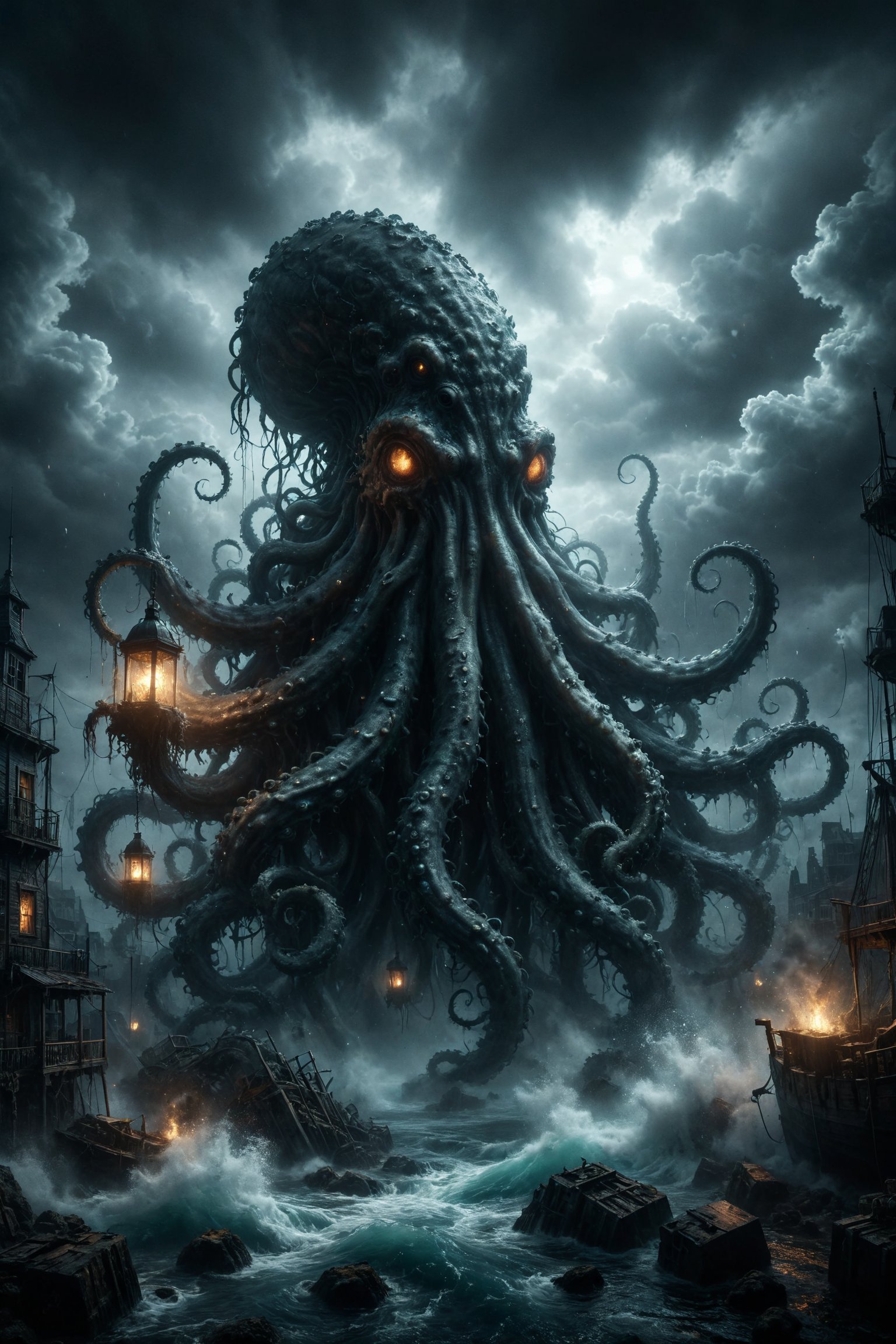 mitica y misteriosa escena gotica de Un kraken gigante con tentáculos adornados con gemas brillantes, emergiendo de las aguas oscuras y turbulentas.
