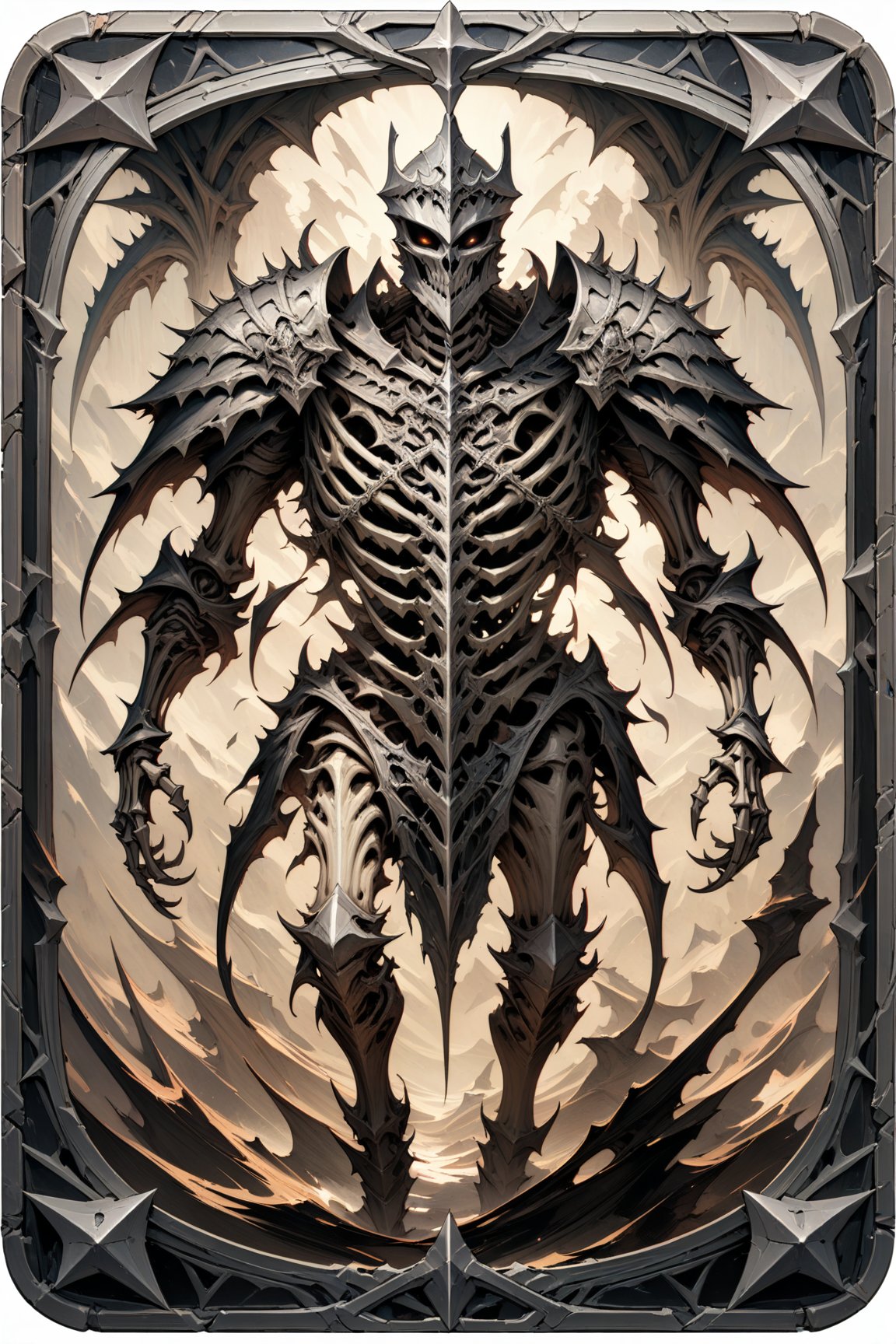 (masterpiece:1.4), ((best quality, 8k, ultra-detailed)), a Skeleton Knight, monster illustration, full body, in TCG Card frame