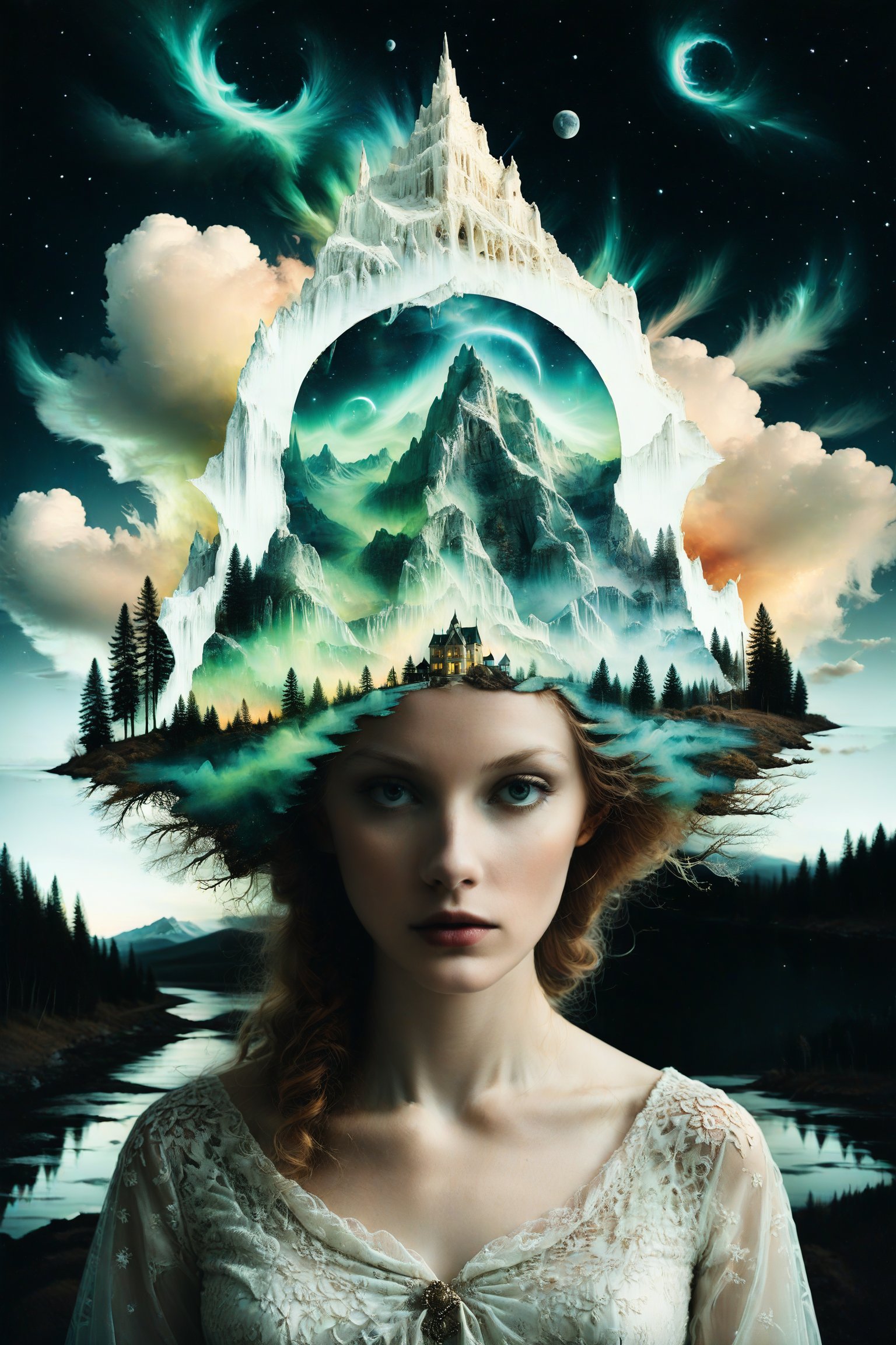 Generate an aesthetically fascinating collage artwork, complex double exposure art by Alex Stoddard, Natalia Drepina and Brooke Shaden, a surreal postcard. Double exposure of a woman with a aurora borealis composition in her head, as a form of thoughts. long_exposure, long_exposure