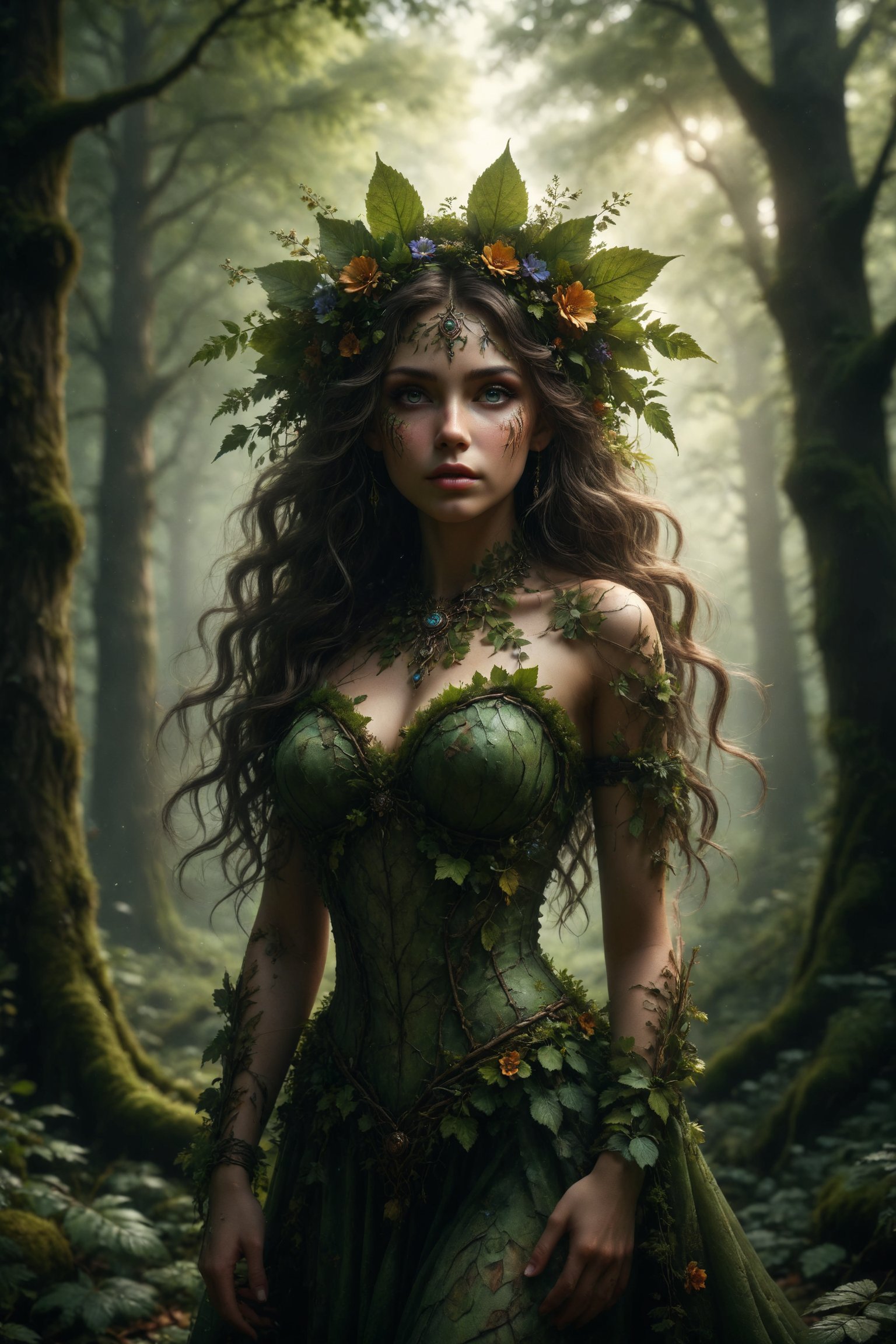 Queen of forest, full body, Sylvana is a woodland goddess, her hair adorned with leaves and flowers that change with the seasons. Her eyes reflect the tranquility and mystery of deep forests.