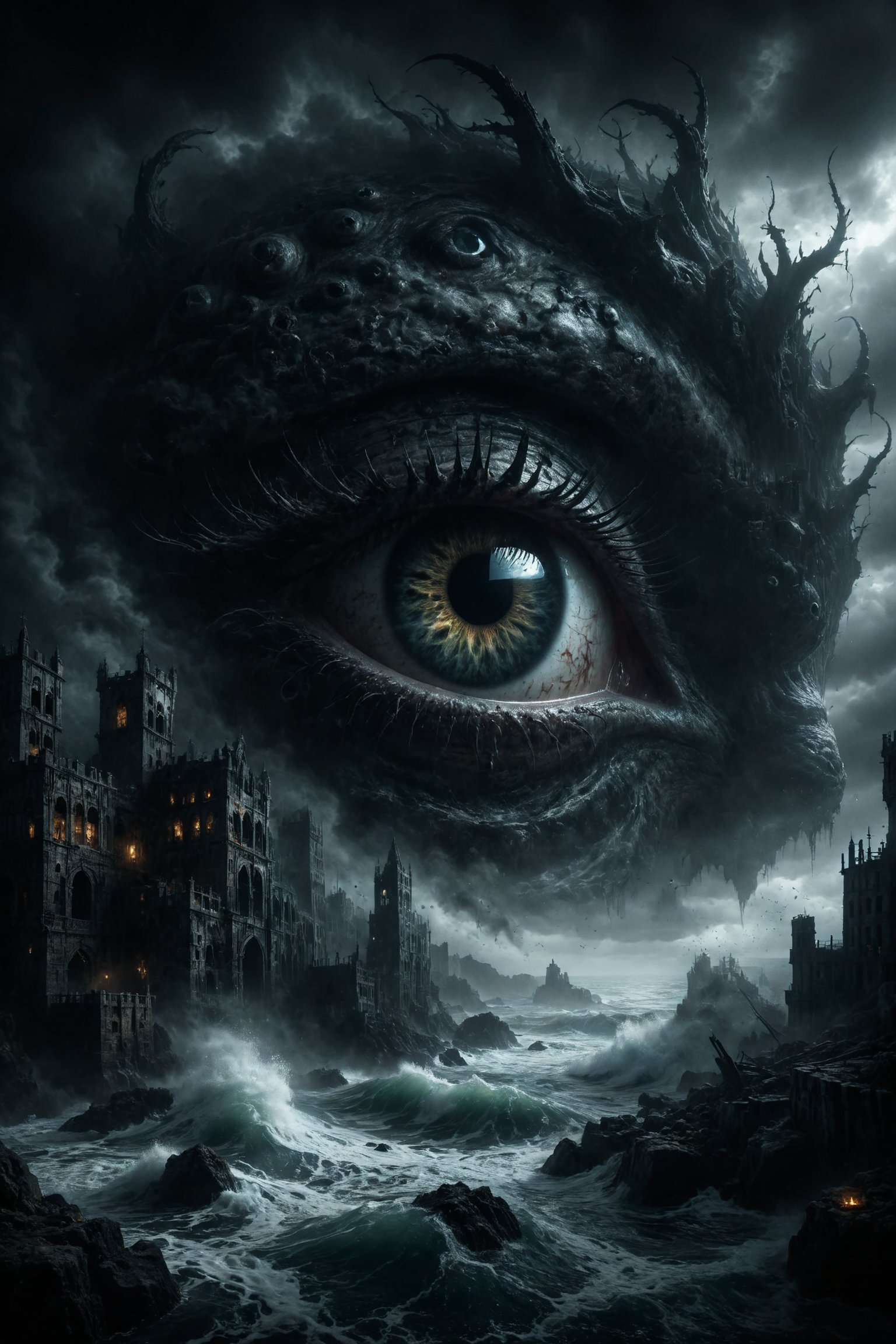 mitica y misteriosa escena gotica de Un leviatán marino con escamas negras y ojos que brillan en la oscuridad, emergiendo de un mar tempestuoso y agitado.