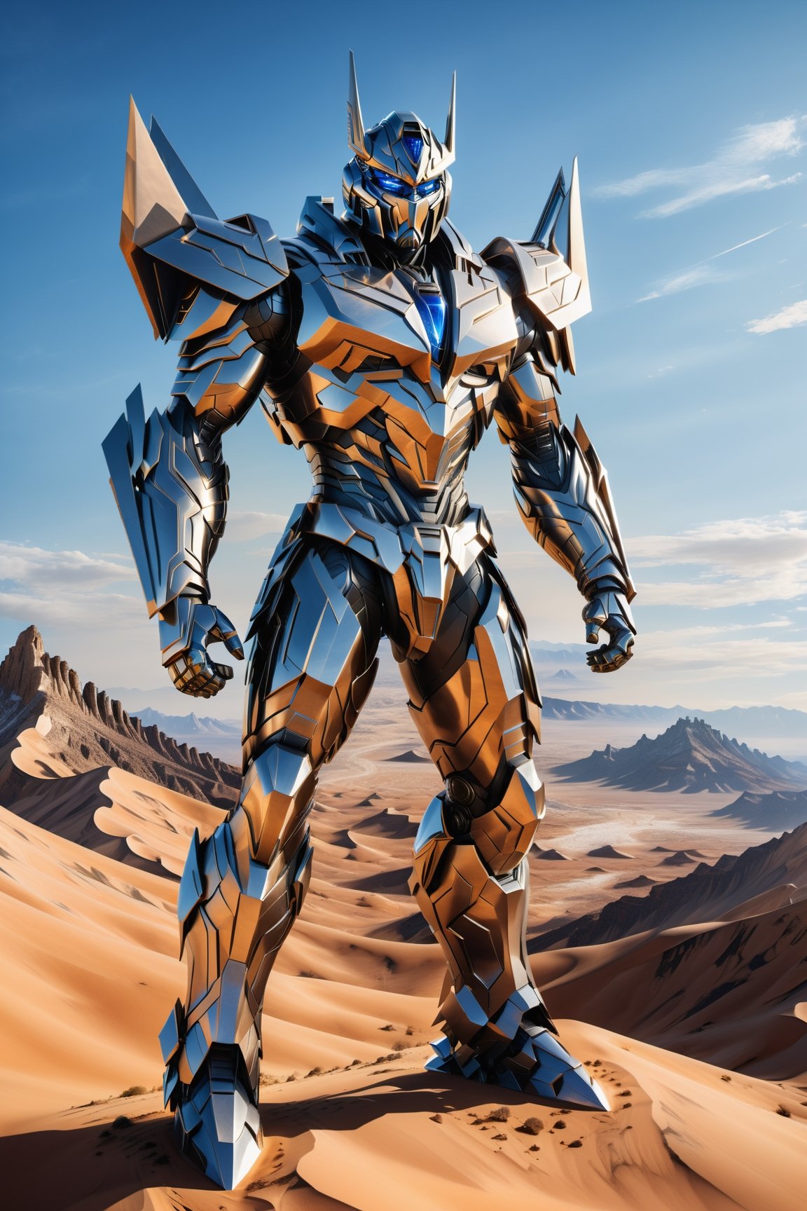 High definition photorealistic render of a incredible and mysterious mythological character of a warrior transformer men in a mounstains desert sky with hypermaximalist details, marble, metal and glass parametric zaha hadid