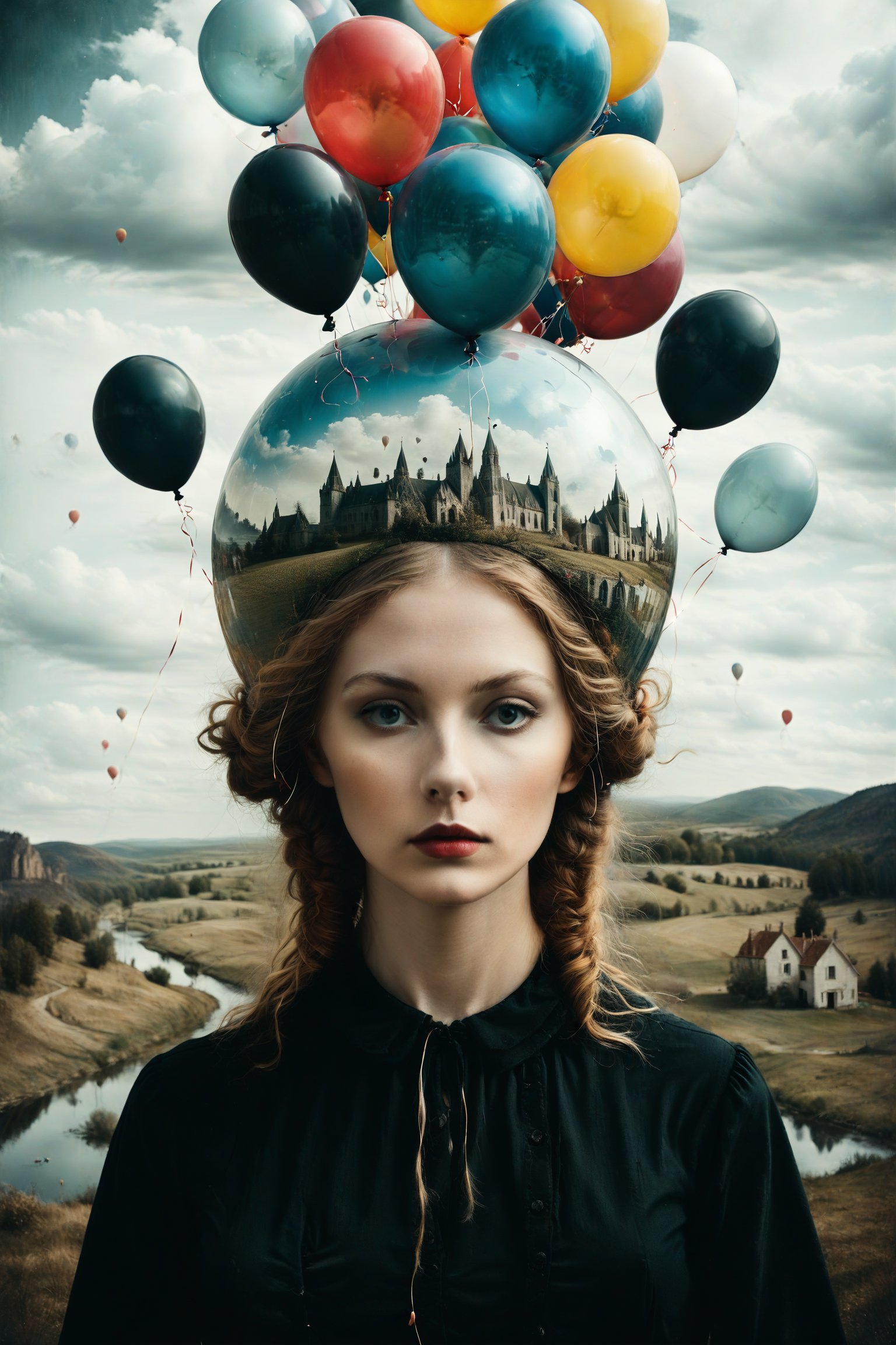 Generate an aesthetically fascinating collage artwork, complex double exposure art by Alex Stoddard, Natalia Drepina and Brooke Shaden, a surreal postcard. Double exposure of a woman with a balloons composition in her head, as a form of thoughts. long_exposure, long_exposure