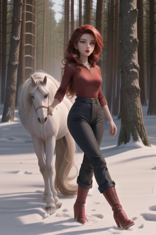 red hair, with straight hair, with long hair, with brown skin, with black jean pants, with red shirt, with long black boots, with red lips, with a white horse, in a forest with snow