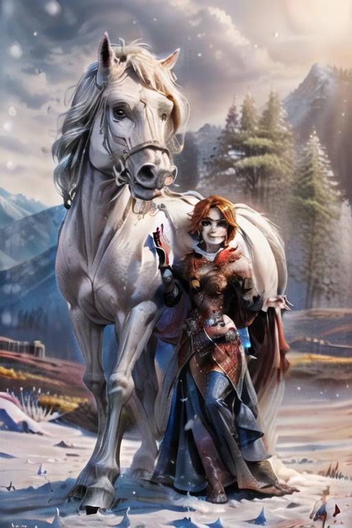 red hair, with straight hair, in a black dress, her white horse, on a snowy mountain