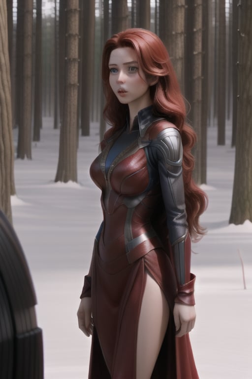 red hair, straight hair, long hair, red dress, her gray horse, in a forest with snow,avengers movie