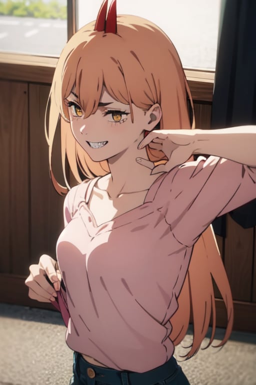 best quality, (masterpiece), (solo), 1girl, power_csm, long blonde hair, yellow eyes, cross-shaped pupils, symbol-shaped pupils, two red horns, sharp teeth, grin, ultra realistic, extremely detailed CG unity 8k,denim pants, pink cropped sweater, ecchi, hentai, high_res, high_resolution, 4k, thin pluck of hair in front of face, belly showing, angry grinning smile