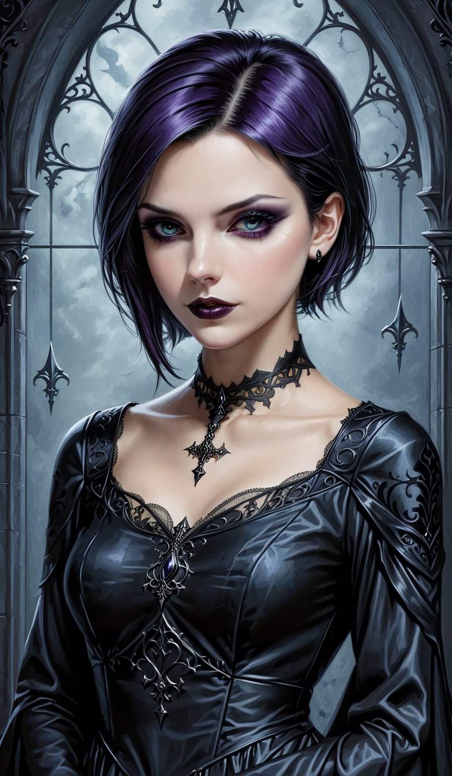 score_9, score_8_up, score_7_up, score_6_up, masterpiece,best quality,illustration,style of Jessica Galbreth portrait of dark gothic girl,Gothic,Short hair,