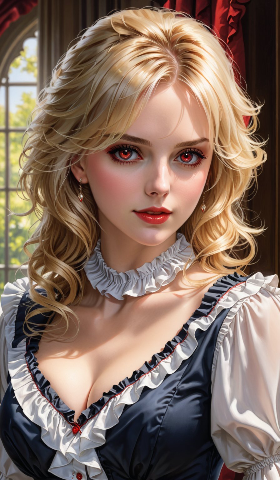 score_9, score_8_up, score_7_up, score_6_up, masterpiece,best quality,illustration,style of Realistic portrait of woman,Frilled Blouse,Blonde hair,red Eyes,cleavage cutout