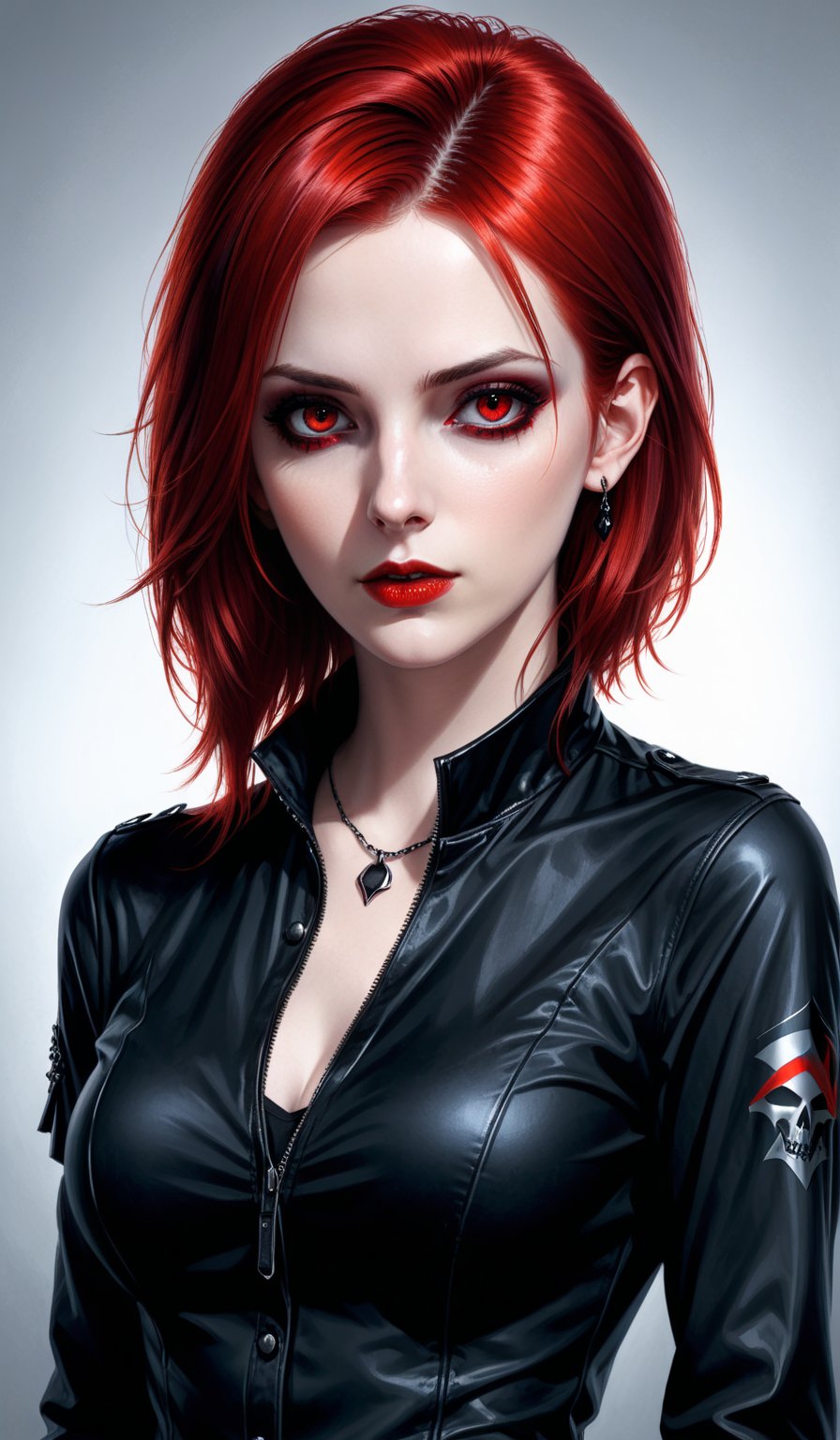 score_9, score_8_up, score_7_up, score_6_up, masterpiece,best quality,illustration,style of Realistic portrait of dark Goth Casual woman,Red Hair,Red eyes,glossy skin,