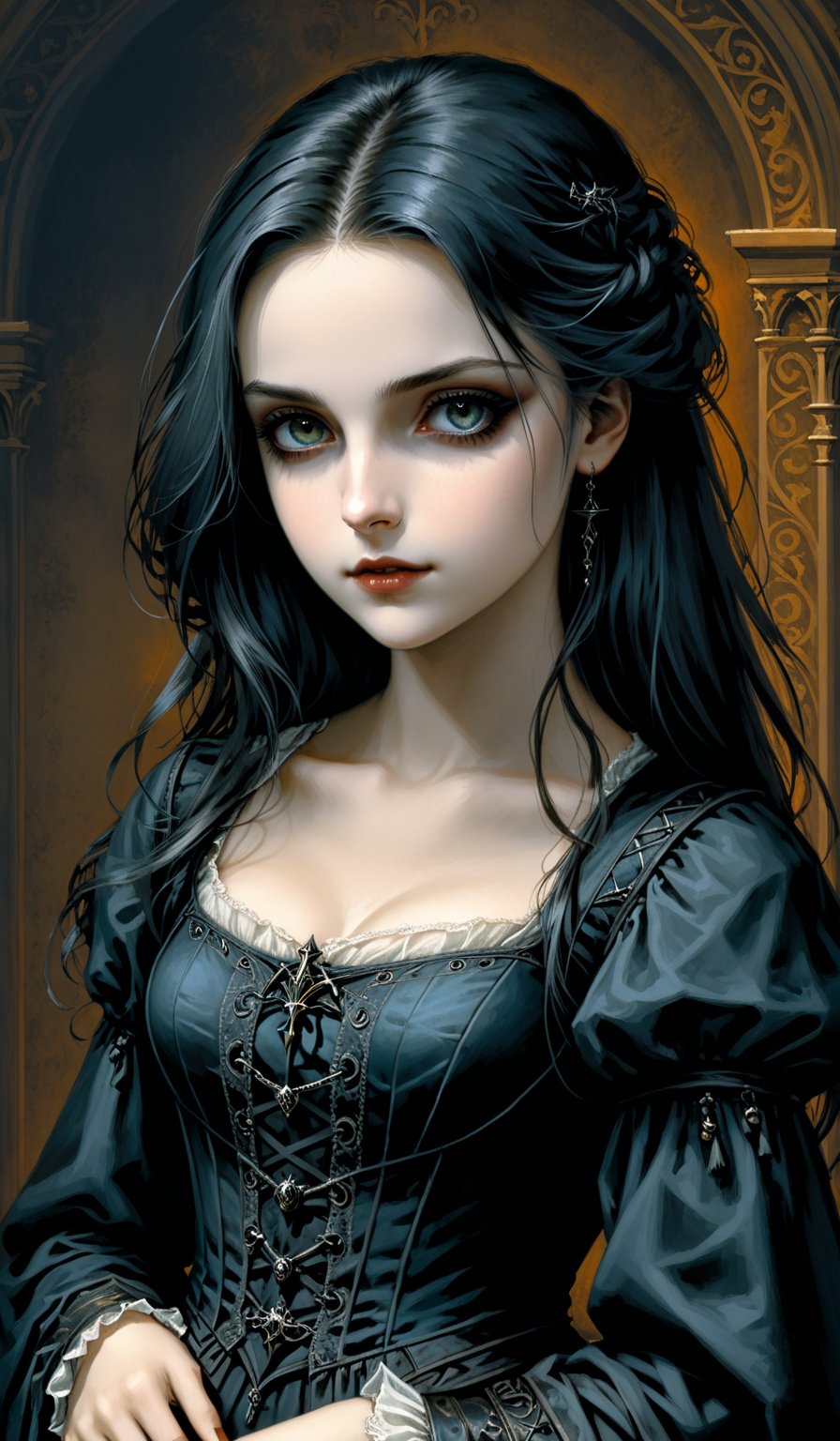 score_9, score_8_up, score_7_up, score_6_up, masterpiece,best quality,illustration,style of Leonardo portrait of dark Gothic girl, Casual Clothing,