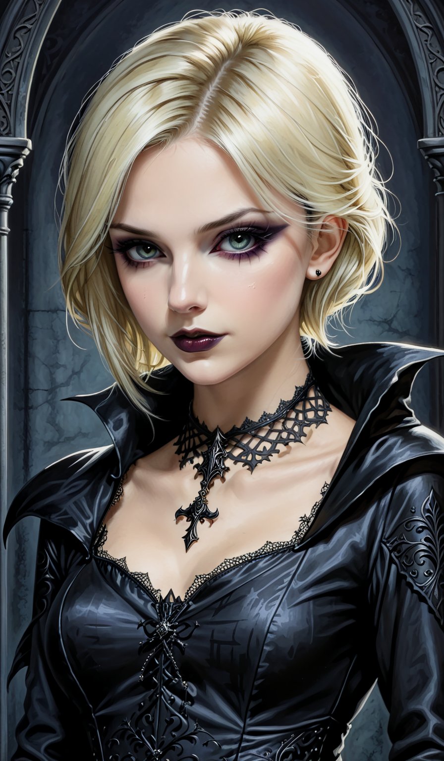 score_9, score_8_up, score_7_up, score_6_up, masterpiece,best quality,illustration,style of Jessica Galbreth portrait of dark gothic girl,Gothic,Short blonde hair,