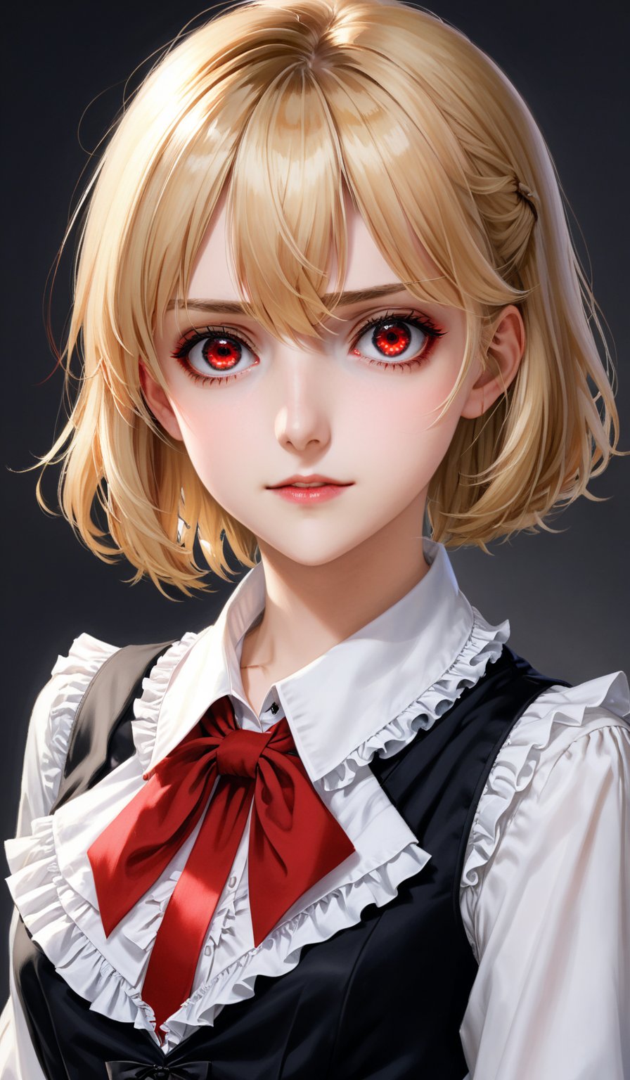 score_9, score_8_up, score_7_up, score_6_up, masterpiece,best quality,illustration,style of Realistic portrait of Rumia,Blonde hair,Red eyes,White Blouse,Black Vest,Frilled Collar,