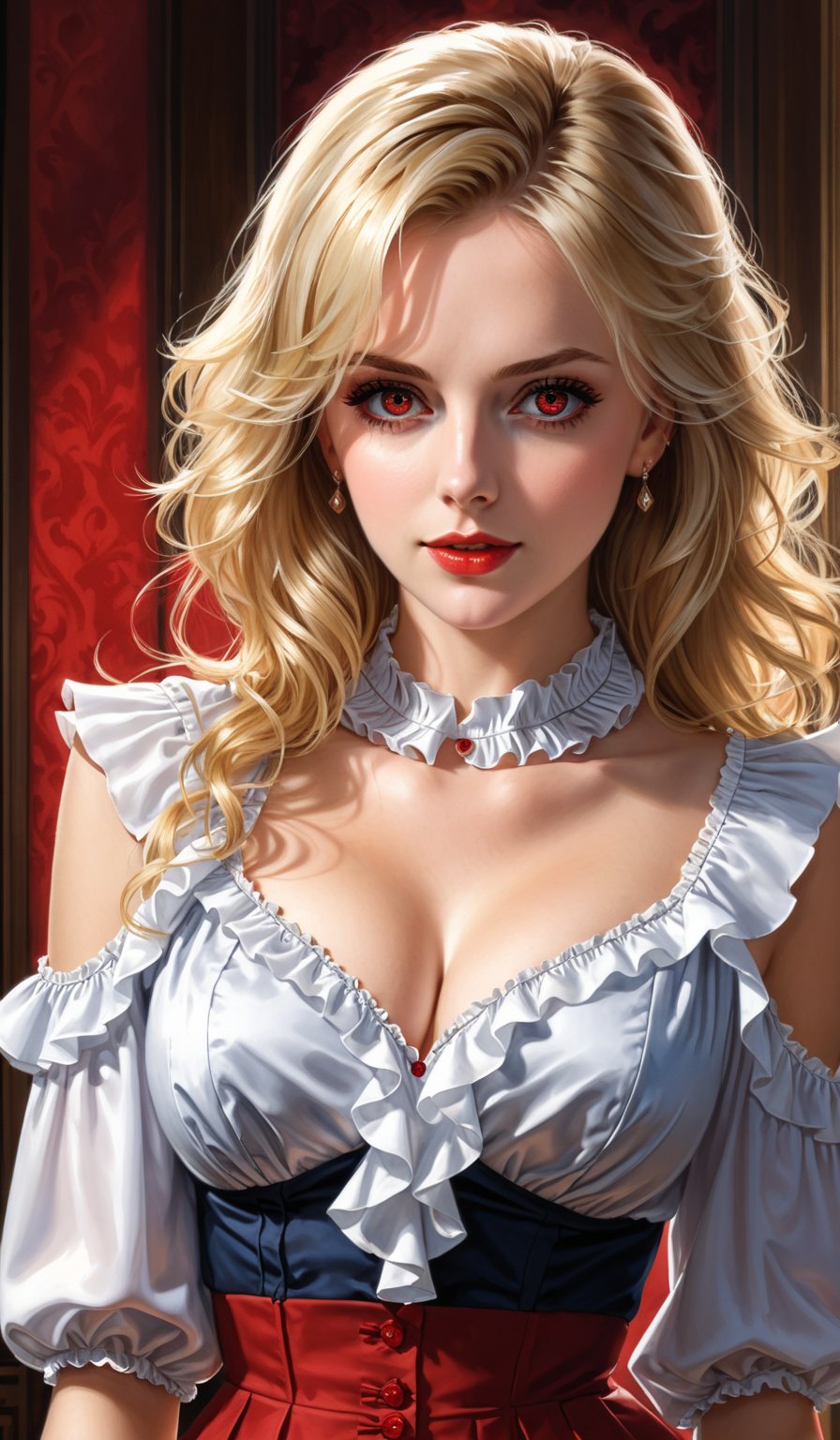 score_9, score_8_up, score_7_up, score_6_up, masterpiece,best quality,illustration,style of Realistic portrait of woman,Frilled Blouse,Blonde hair,red Eyes,cleavage cutout