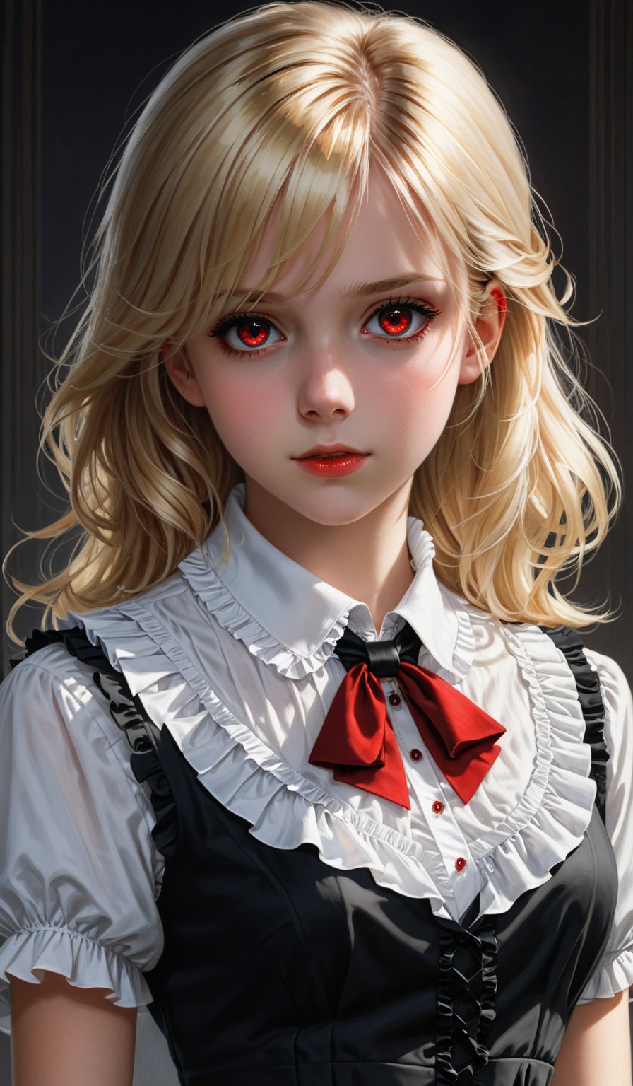 score_9, score_8_up, score_7_up, score_6_up, masterpiece,best quality,illustration,style of Realistic portrait of dark girl,Blonde hair,Red eyes,White Blouse,Black Vest,Frilled Collar,Dress,