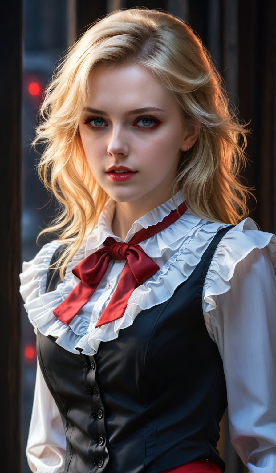 score_9, score_8_up, score_7_up, score_6_up, masterpiece,best quality,illustration,style of Realistic portrait of ExRumia,Frilled Blouse,Blonde hair,red Eyes,Black Vest,Red Collar,long exposure,HDR, Contrast,