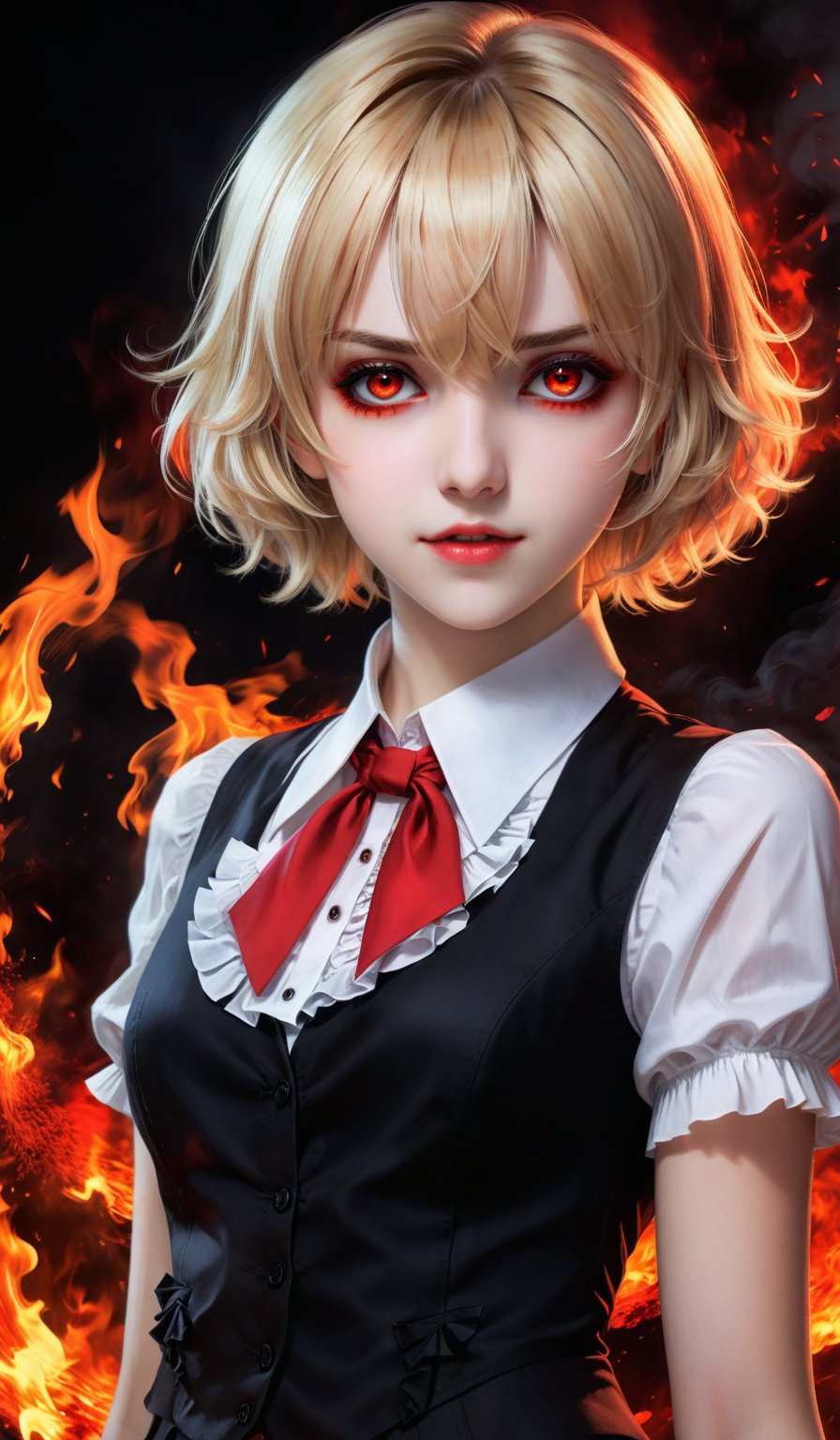 A stunning realistic illustration of Rumia in a masterful blend of style and best quality. The score_9 composition features a dramatic long exposure shot with intense red eyes shining like embers. Blonde hair cascades down her back, framing the striking frilled blouse and black vest. A fiery red collar adds a pop of color, while HDR techniques enhance the overall contrast, creating an immersive experience.