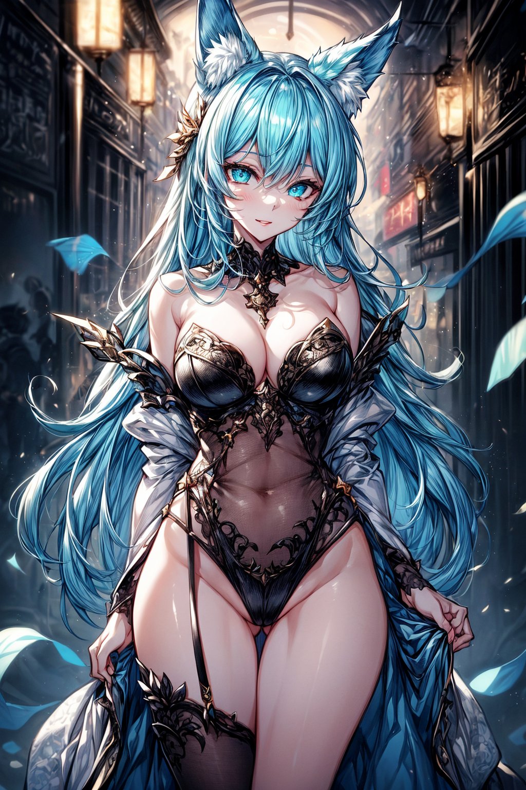 {{{masterpiece}}}, {{{best quality}}}, {{{ultra-detailed}}}, {cinematic lighting}, {illustration}, 1girl, (cyan eyes:1.5), knight, (white hair), bare shoulders,  fox, bangs, (black shirt:0.5), sexy ass, sexy breasts, cleavage, pretty face, pretty eyes, nice hands,  perfect body,PixelArt,bare body,cool,white wind,no closing,Animal ear,no_humans,scenery,（white hair）,1 girl