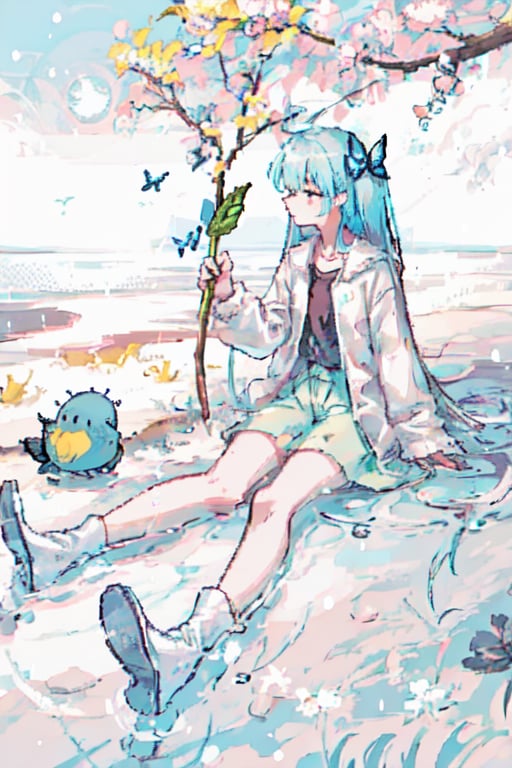 1 girl,raining,have moonlight,on the beach,green tree and grass behand the girl,deep green hire,（shirt:0.5）,（bule eyes:1.5）,white wind,yellow leaf,{{pixel style}},pixel,colorful butterfly,the girl fly on zhe sky,snowing,ice