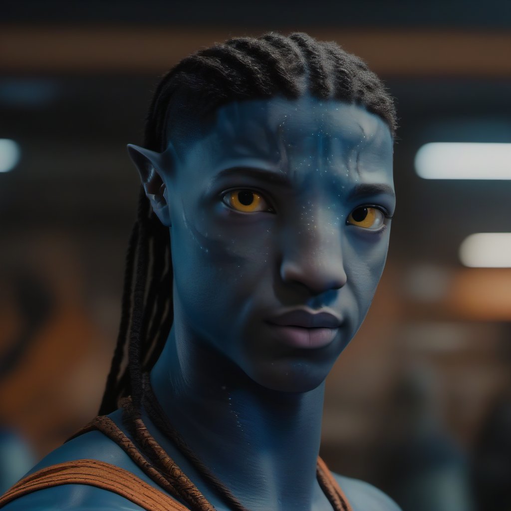 portrait photography shot of omaticaya man as (Michael B. Jordan), orange eyes, high detailed, hdr, hq, 4k , short hair blue skin style:cinematic