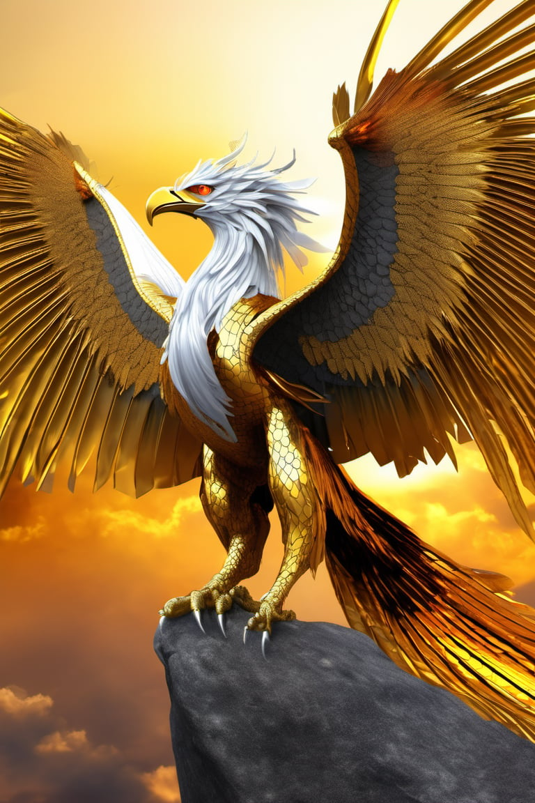 gigantic bird of fire on its wings gold feathers, bright silver claws, eagle head, silver crest, great curved beak, elongated golden tail, alicanto, golden dragon bird

