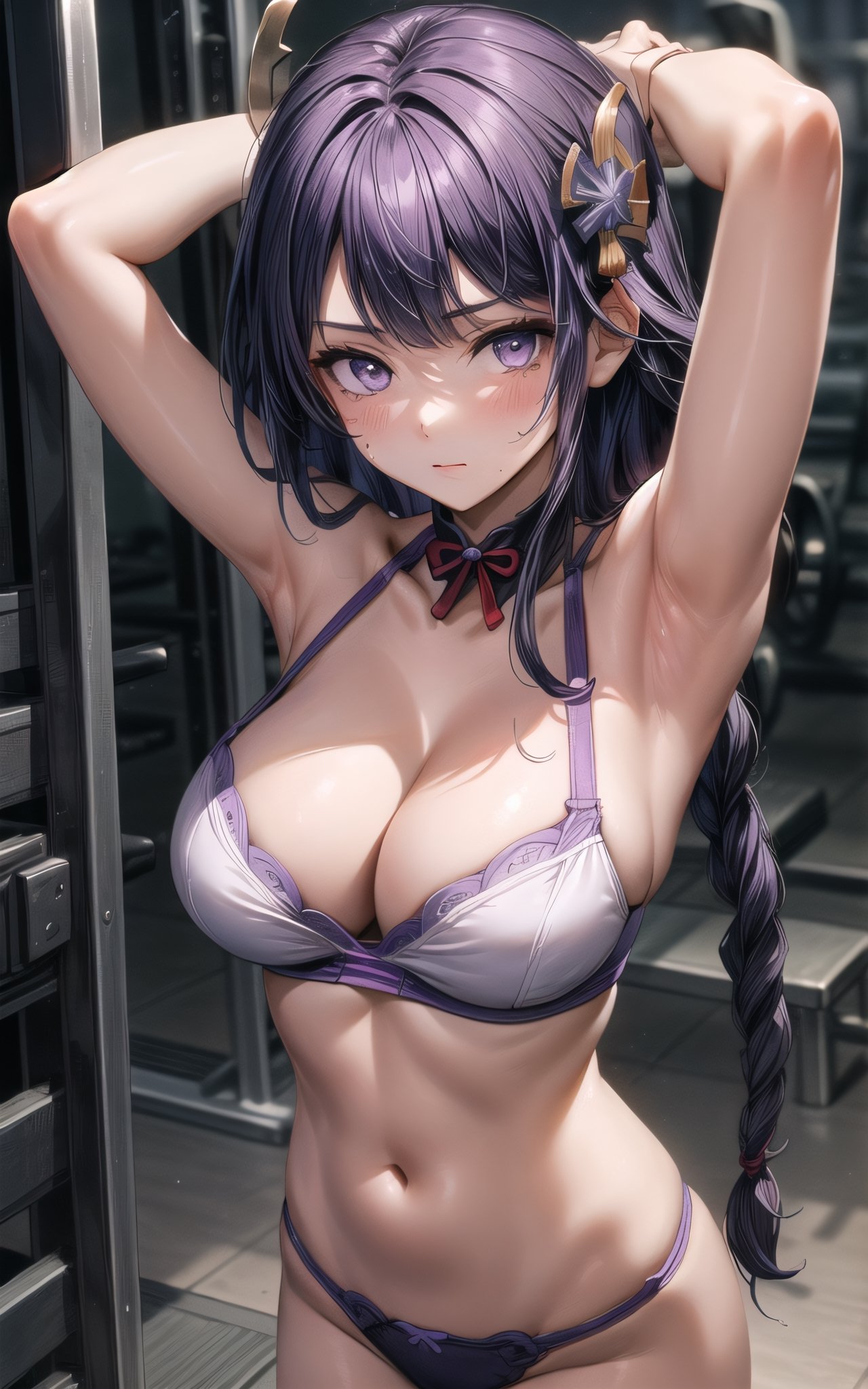 raidenshogun 1girl closed_mouth flower hair_flower more_details:1 ((hair_ornament))) (((large_breasts))) long_hair looking_at_viewer purple_eyes purple_hair solo sweat very_long_hair sexy sexy_pose  (((bare_neck))) in_gym gym standing hands_on_own_head arms_up armpits (((purple_crop_top))) cleavage thong bare_arms raiden_shogun (((single_braid))) (((bare_arms)))