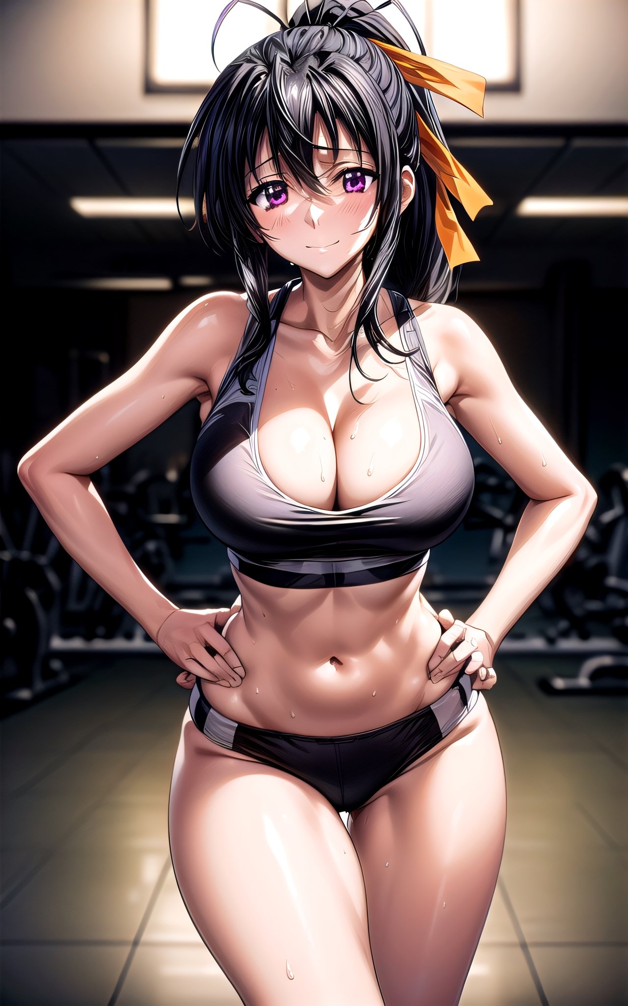 akeno himejima himejima_akeno 1girl breasts collarbone hair_between_eyes hair_ribbon ((huge_breasts)) long_hair looking_at_viewer orange_ribbon ponytail purple_eyes smile happy solo sexy sexy_pose in_gym gym gym_scenary (((hands_on_the_hips))) big_breast sweat masterpiece happy toned standing (((black_crop_top))) cleavage thong sweat, closed_mouth,akeno himejima