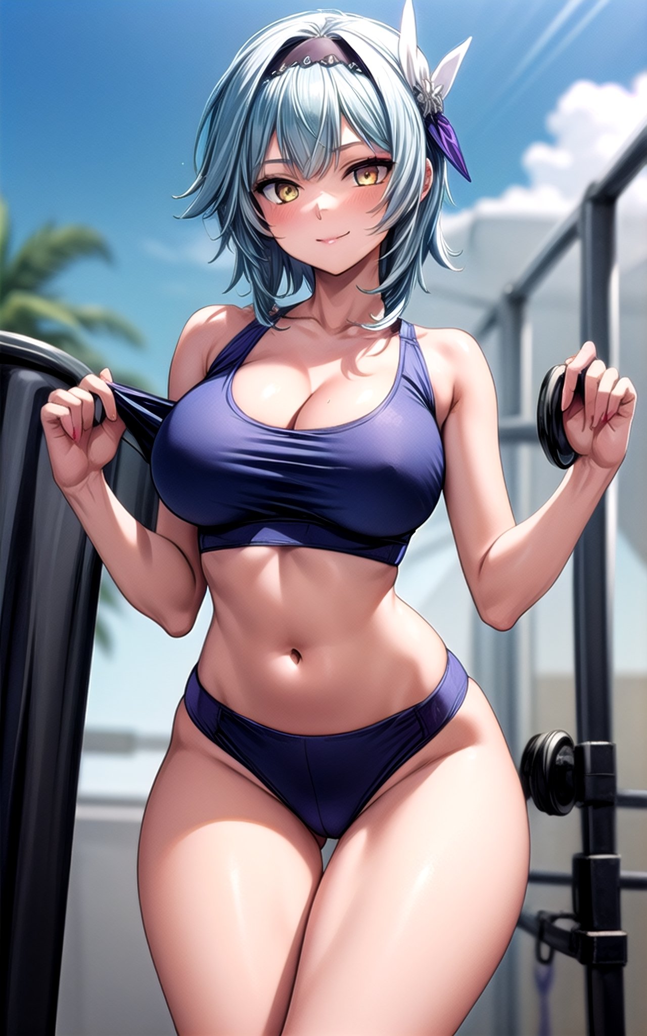 Eula 1girl  blue_hair blue_sky breasts closed_mouth  hair_ornament hairband light_blue_hair solo yellow_eyes smile happy sexy_pose sexy breast (((crop_top))) thong ((cleavage)) in_gym short_hair large_breasts