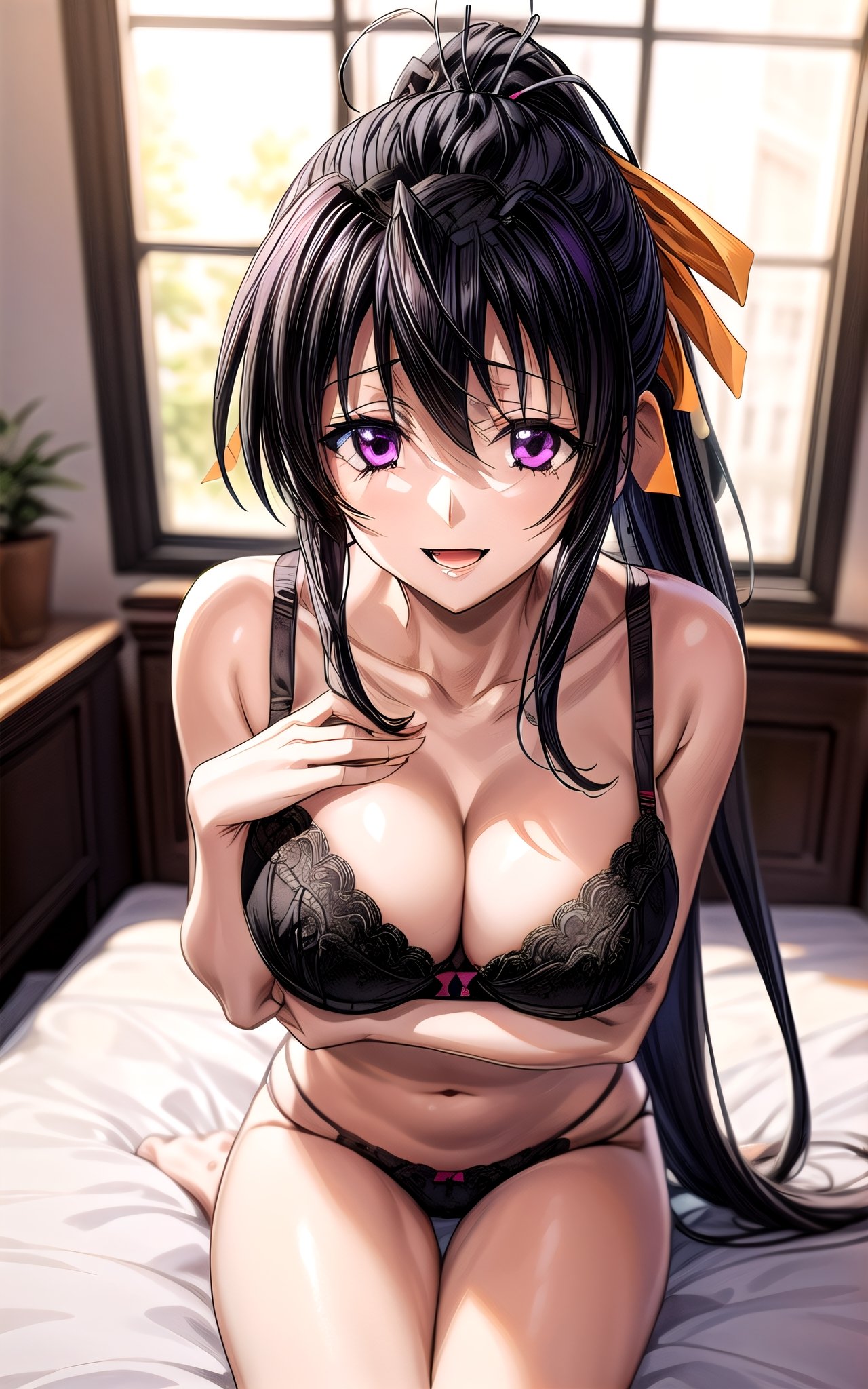 akeno himejima himejima_akeno 1girl breasts collarbone hair_between_eyes hair_ribbon huge_breasts long_hair looking_at_viewer orange_ribbon ponytail purple_eyes smile solo sexy sexy_pose in_bedroom  big_breast masterpiece happy toned sitting_on_bed (((black_bra))) panties open_mouth 