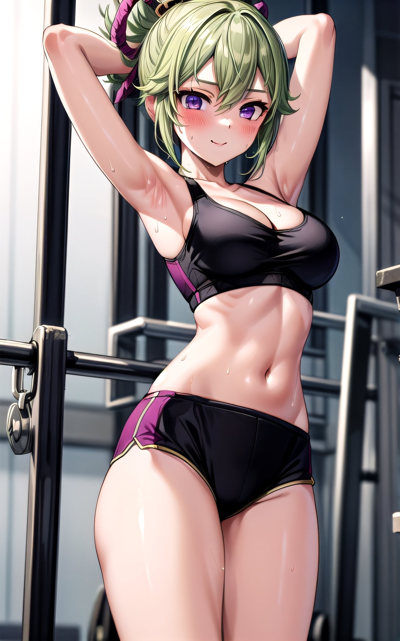 kukishinobu 1girl armpits arms_up blush bra breasts  cleavage collarbone green_hair hair_between_eyes hair_ornament looking_at_viewer medium_breasts purple_eyes  solo sweat (((black_crop_top))) shorts cleavage sexy sexy_pose gym in_gym gym_scenary short_hair smile 