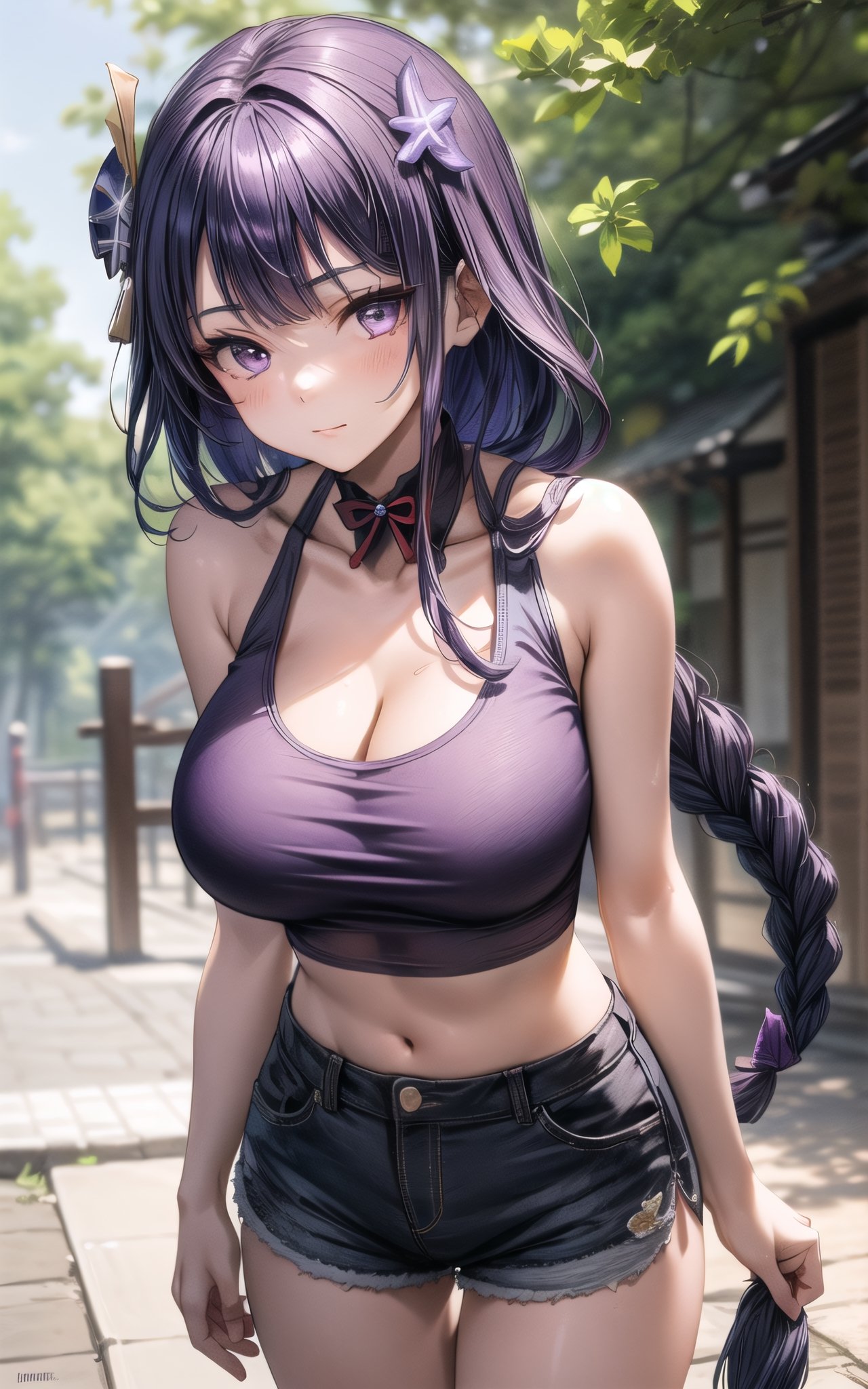 raidenshogun 1girl closed_mouth flower hair_flower more_details:1 ((hair_ornament))) (((large_breasts))) long_hair looking_at_viewer purple_eyes purple_hair solo very_long_hair sexy sexy_pose outdoors standing (((tank_top))) shorts cleavage bare_arms raiden_shogun (((single_braid))) (((bare_arms)))