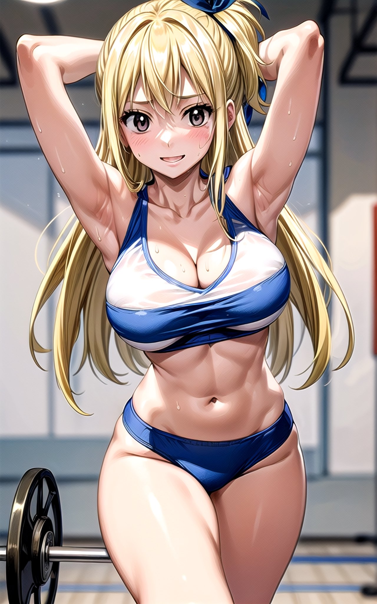 Lucy_Heartfilia 1girl solo blonde_hair brown_eyes hair_ribbon breasts large_breasts long_hair  blue_ribbon ribbon in_gym gym (((alternative_costume))) ((crop_top)) cleavage thong hands_on_own_head arms_up armpits smile sexy sexy_pose sexy_expresion standing sweat side_ponytail 