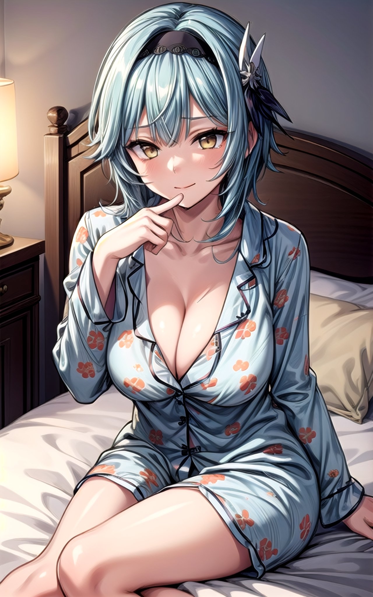 Eula 1girl  blue_hair large_breasts closed_mouth  hair_ornament hairband light_blue_hair solo yellow_eyes sleeping happy sexy_pose sexy breast (((pajama))) short_pajama (((cleavage))) in_bedroom short_hair sitting_on_bed