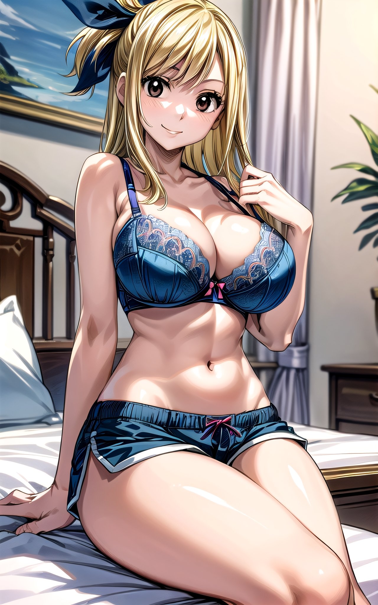 Lucy_Heartfilia 1girl solo blonde_hair brown_eyes hair_ribbon breasts ((large_breasts)) long_hair  blue_ribbon ribbon in_bedroom (((blue_bra))) ((dolphin_shorts)) sitting_on_bed smile sexy sexy_pose sexy_expresion standing side_ponytail 