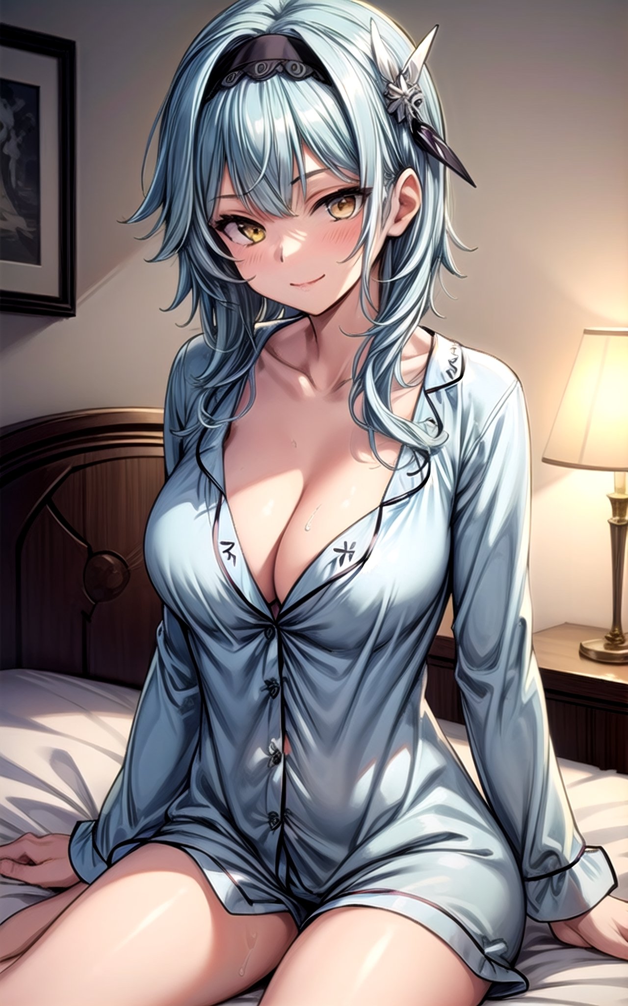 Eula 1girl  blue_hair large_breasts closed_mouth  hair_ornament hairband light_blue_hair solo yellow_eyes smile happy sexy_pose sexy breast (((pajama))) (((cleavage))) in_bedroom short_hair sitting_on_bed