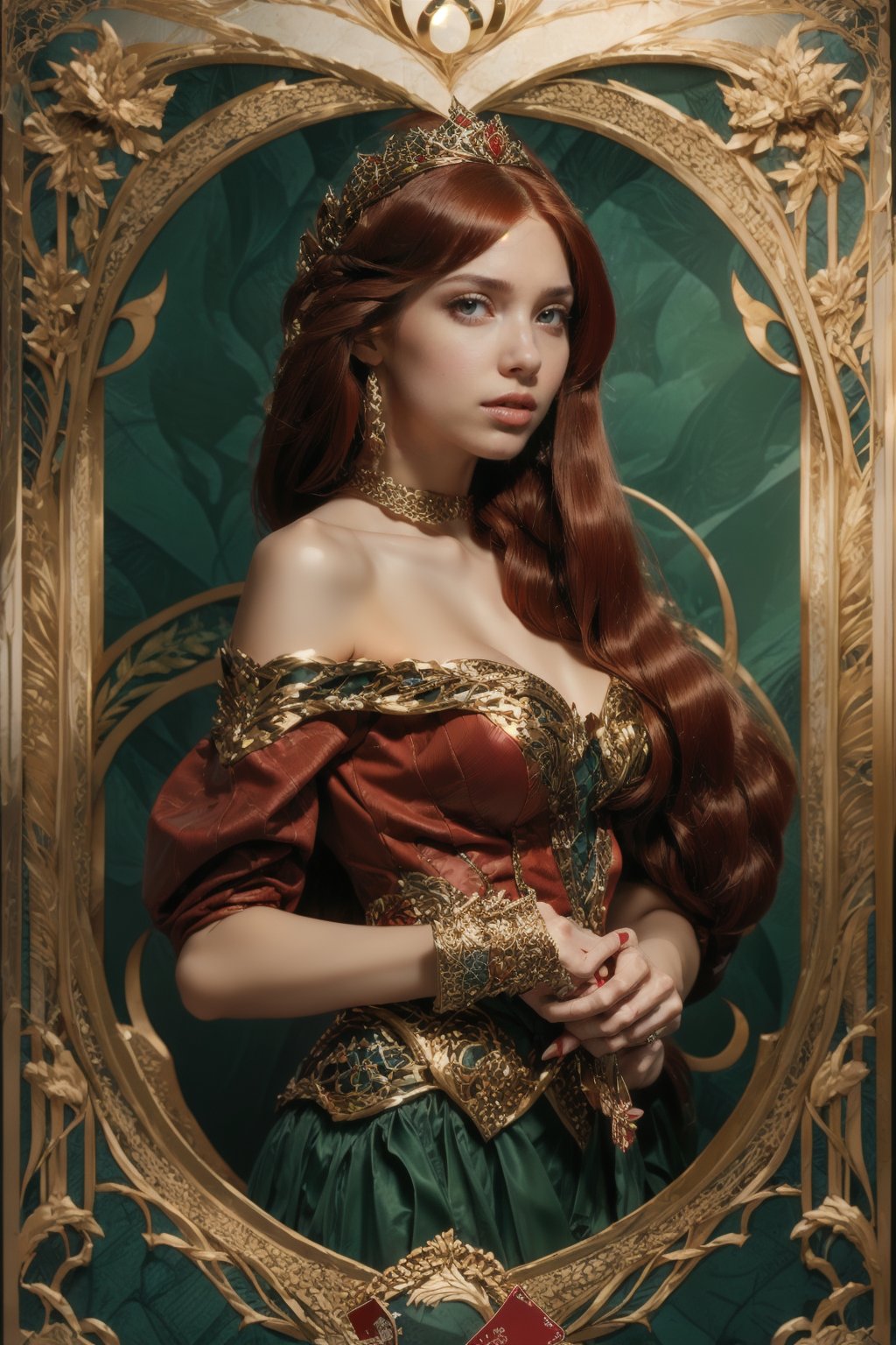 Queen of hearts, playing card, poker card, queen of hearts new art, Asian queen, beautiful face, image real, like in poker cards,big busty, Straight hair,ornamental hair,Red hair