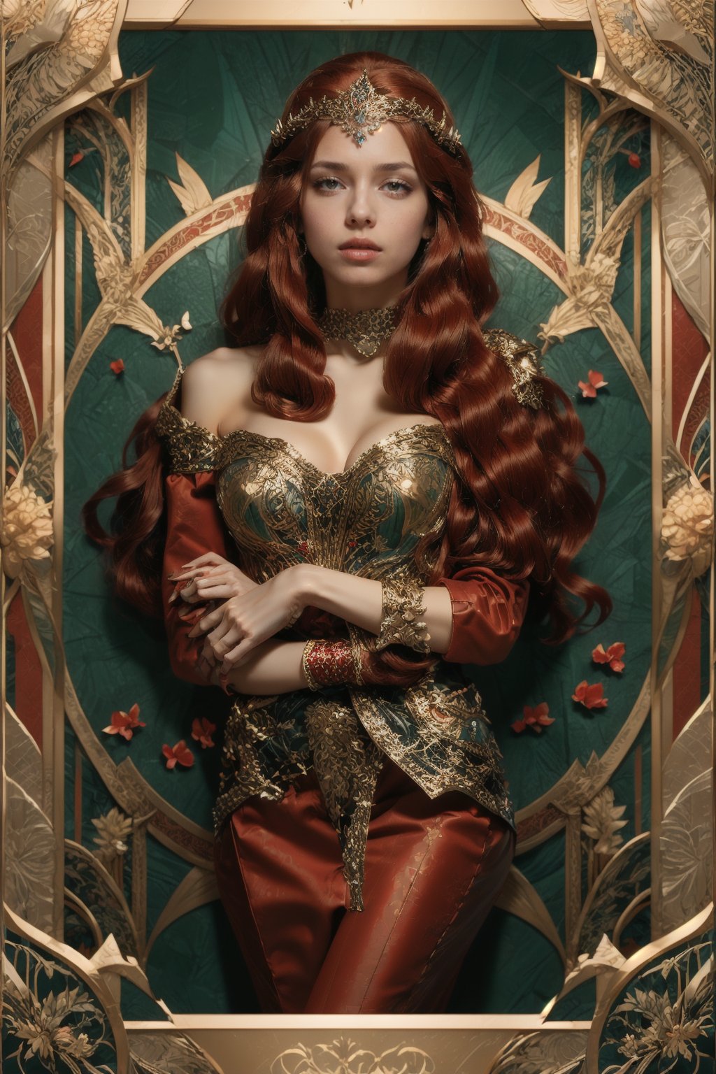 Queen of hearts, playing card, poker card, queen of hearts new art, Asian queen, beautiful face, image real, like in poker cards,big busty, Straight hair,ornamental hair,Red hair