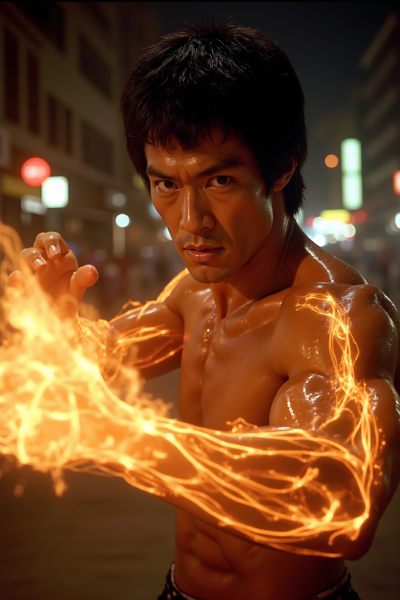 A dynamic close-up shot of Bruce Lee's face, sweat glistening on his forehead as he focuses on the opponent. His arms are depicted with glowing, swirling energies and fire emanating from the muscles and veins, as if his ki is bursting forth in a powerful display of martial arts prowess. The background is a blurred, darkened image of a city street at night, adding to the sense of intensity and urgency.