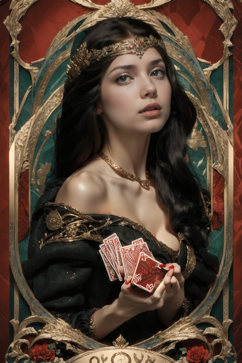 Queen of hearts, playing card, poker card, queen of hearts new art, Asian queen, beautiful face, image real, like in poker cards,big busty, Straight hair,ornamental hair,blackhair, In his hand he has a card of hearts, 