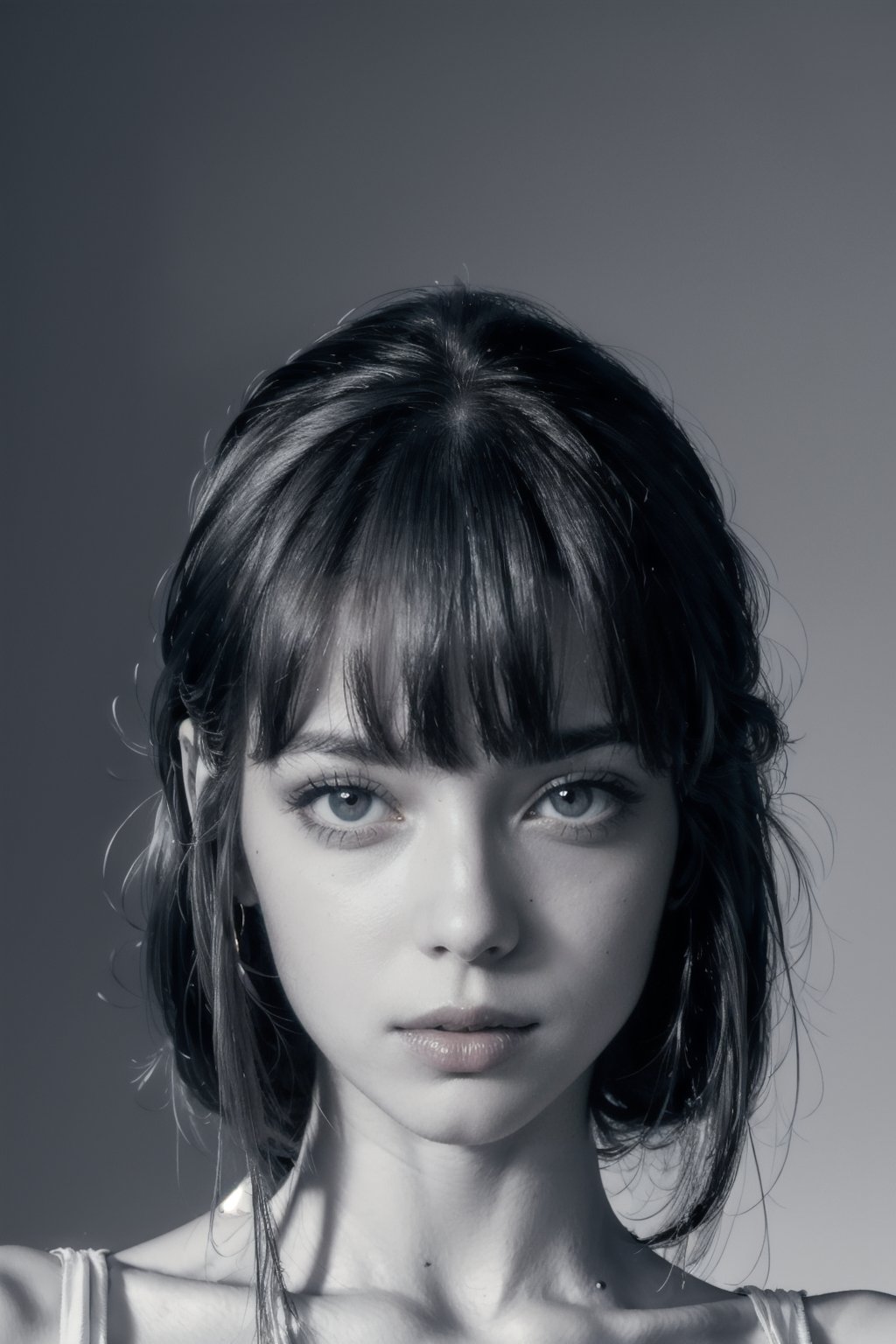 Wallpaper, Closeup of Lisa Manobal's eyes, in semi monochrome tone, blue iris color, beautiful face, Lisa Manobal,Extremely detailed face,lisa, lisa bp, hairstyle with a bangs, 