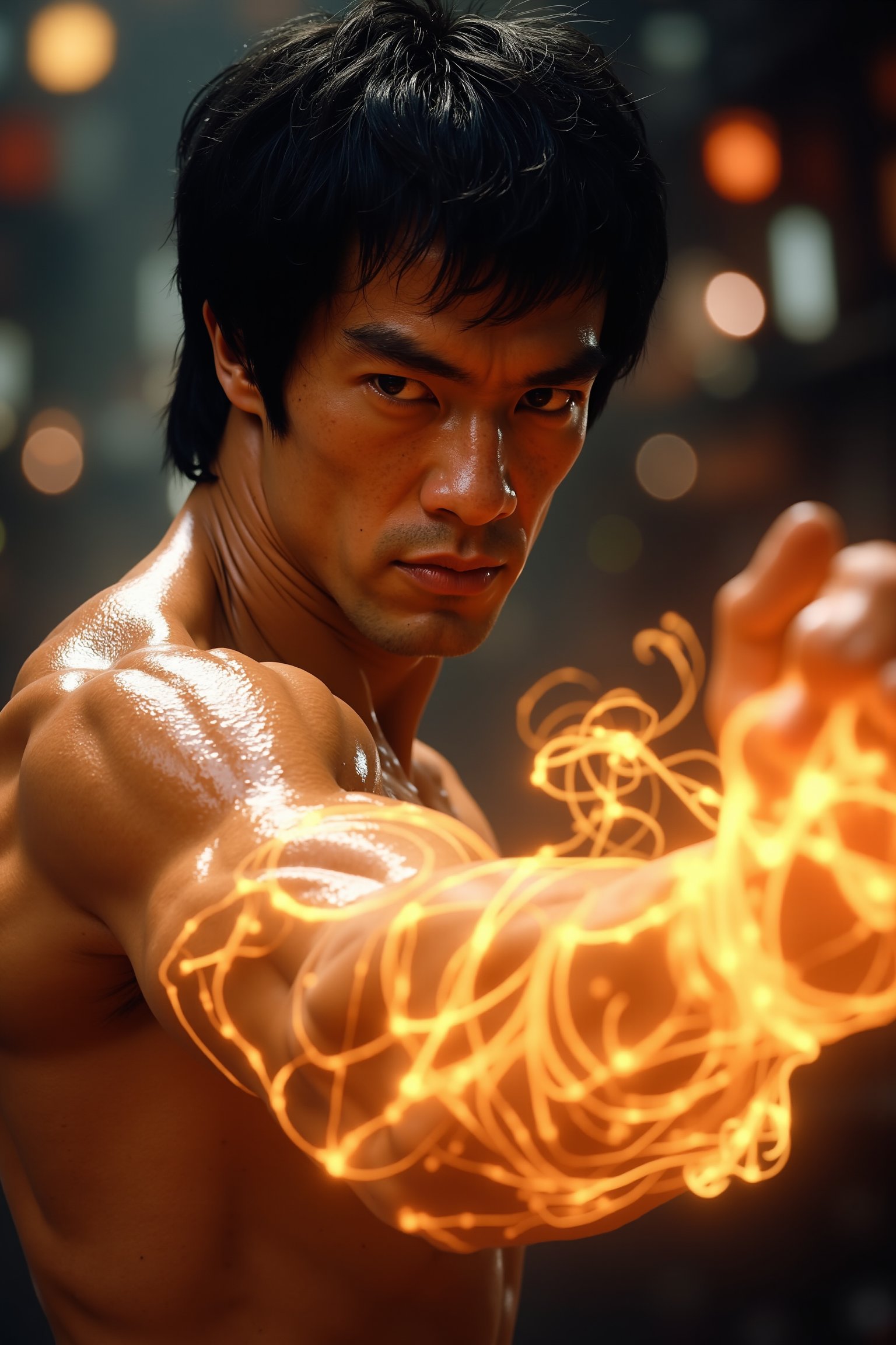 A dynamic close-up shot of Bruce Lee's face, sweat glistening on his forehead as he focuses on the opponent. His arms are depicted with glowing, swirling energies emanating from the muscles and veins, as if his ki is bursting forth in a powerful display of martial arts prowess. The background is a blurred, darkened image of a city street at night, adding to the sense of intensity and urgency.