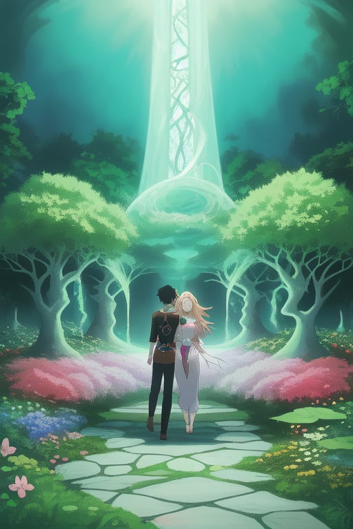 Amidst a lush and mystical garden filled with otherworldly flora, an ethereal boy and a radiant girl embark on a journey of self-discovery and blossoming love. Create a mesmerizing anime illustration of 'Eternal Blossoms,' where the beauty of nature intertwines with the power of emotions. Let their connection flourish like the rarest flowers, emanating an aura of enchantment and intrigue. The garden's vibrant colors and magical aura should evoke a sense of wonder and curiosity, drawing the viewers into this captivating world. As they explore the depths of their hearts and the wonders of this fantastical realm, the illustration should resonate with audiences who yearn for magical tales of love, growth, and adventure. With its alluring and distinct concept, 'Eternal Blossoms' promises to be an original and highly marketable masterpiece in the anime art world.