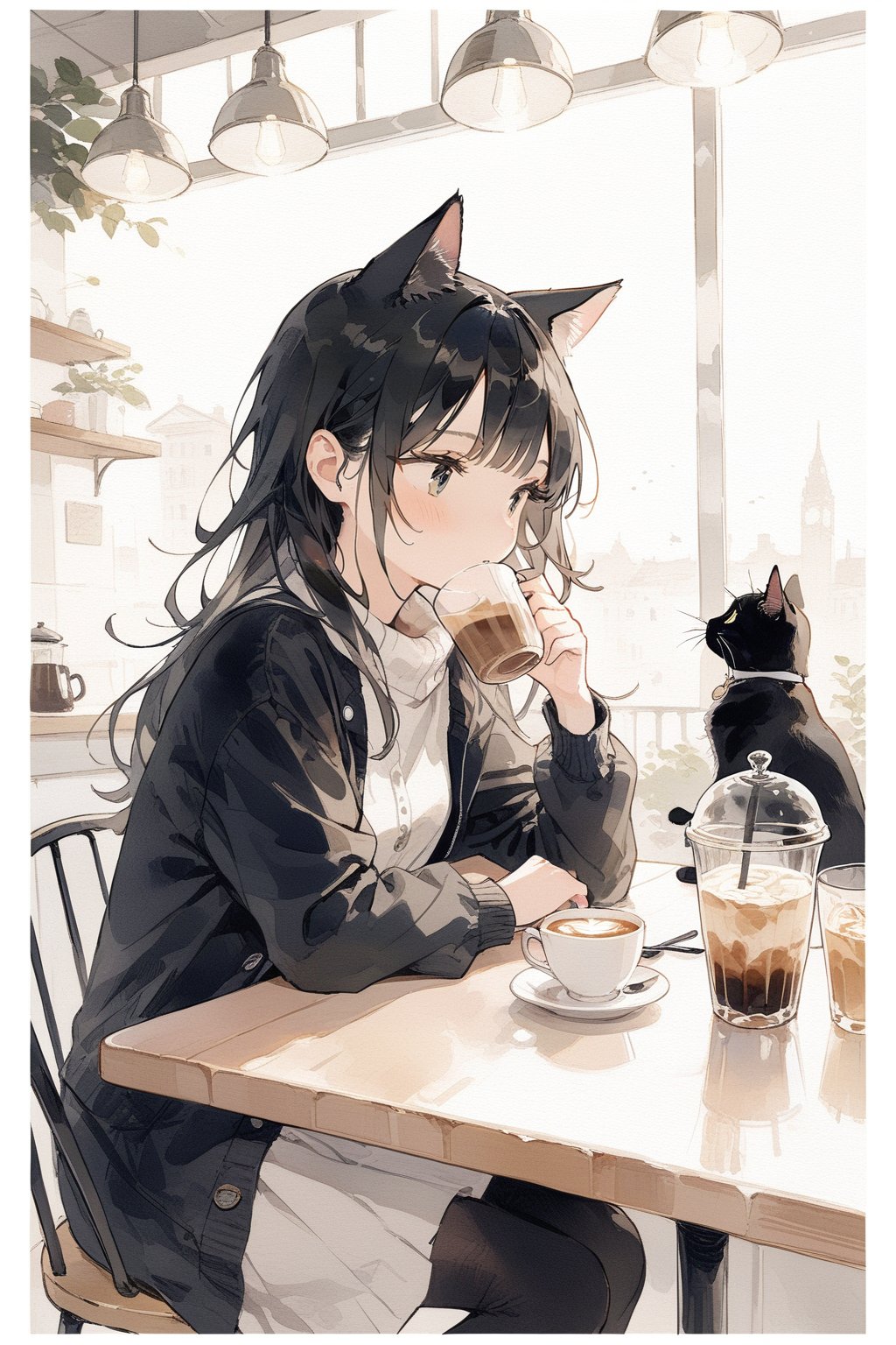 chill cat and a girl drink coffee in the cafe,
masterpiece, best quality, aesthetic,