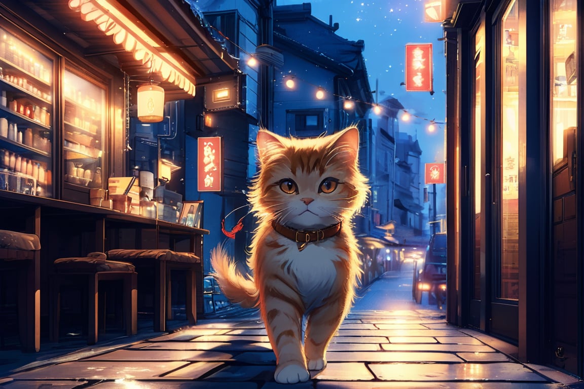 a cat walking at night with coffee shop in the background, anime style, aesthetic, best quality, ghibli studio art style