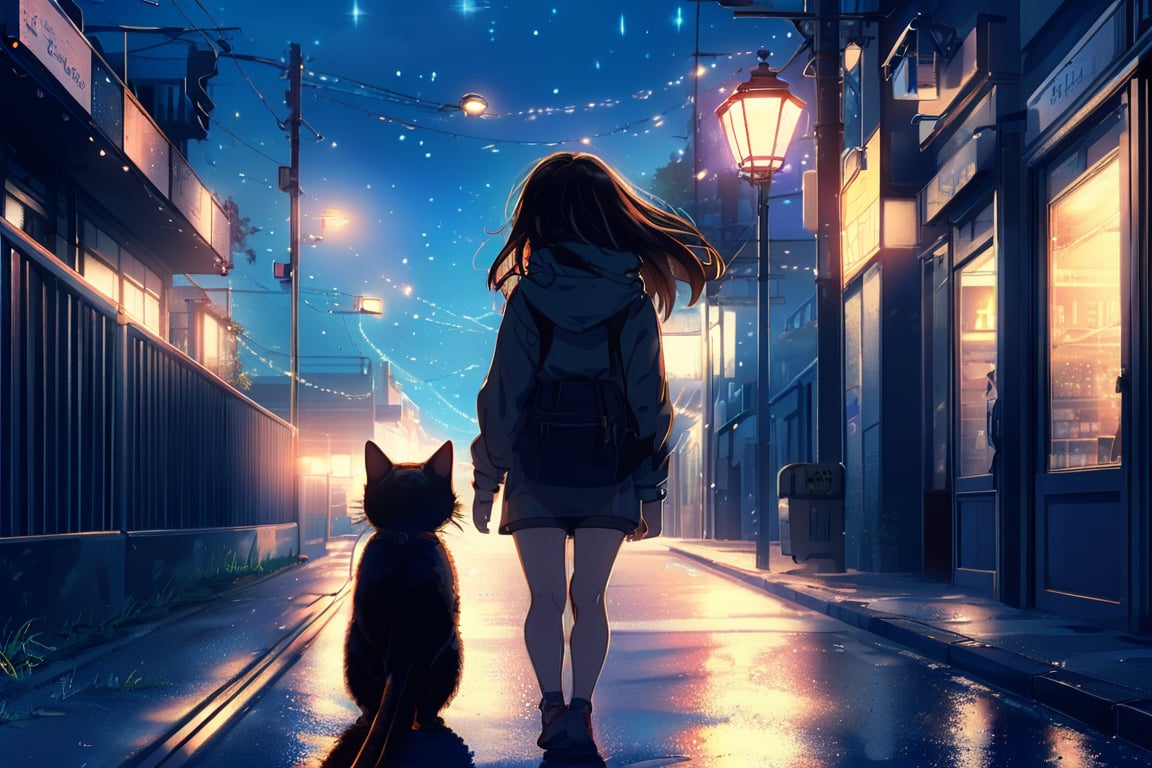 a girl walking with a cat at night with road and street light in the background, anime style, aesthetic, best quality, ghibli studio art style