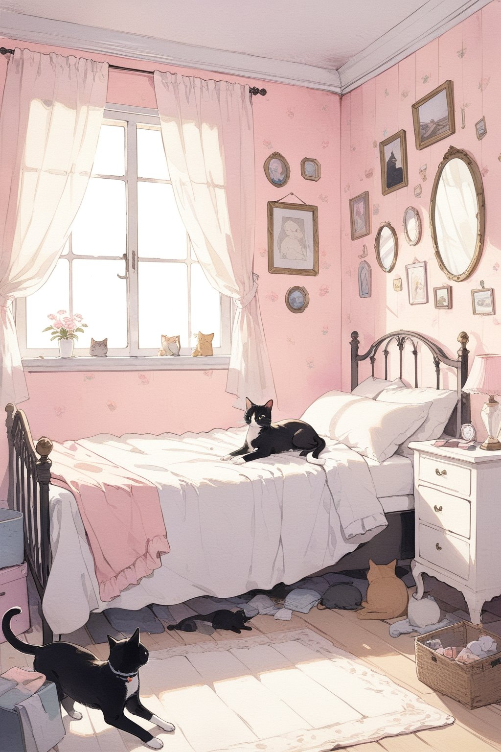 cat in girl's bedroom,
masterpiece, best quality, aesthetic,