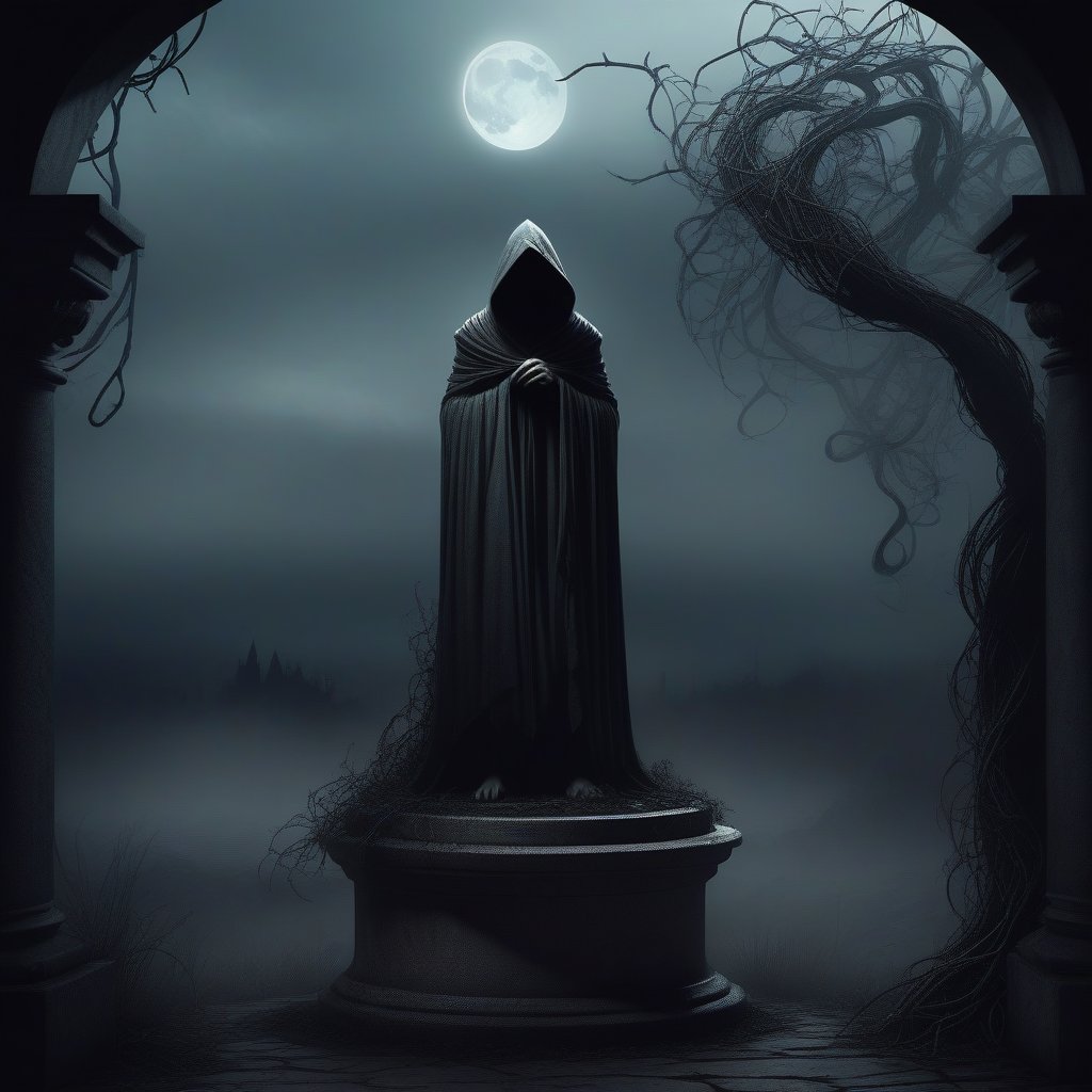 A hauntingly beautiful scene unfolds in a dark, mystical realm. A hooded figure, shrouded in shadows, stands atop a crumbling stone pedestal, surrounded by twisted, thorny vines. The air is heavy with the scent of decay and smoke. A crescent moon casts an eerie glow on the somber landscape, as wispy tendrils of fog swirl around the mysterious protagonist's legs.