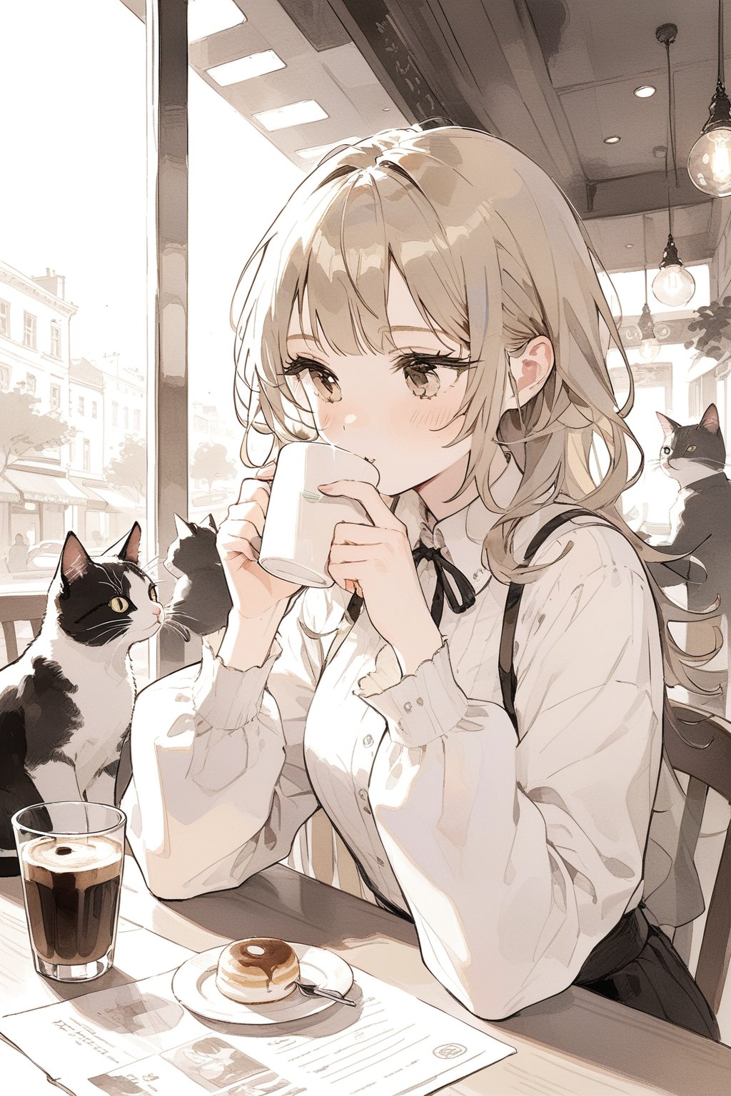 two cats and a girl drink coffee in the cafe,
masterpiece, best quality, aesthetic,